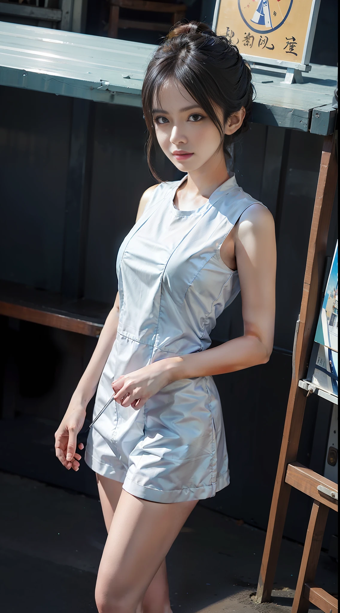 An asian girl, beautiful, young, slim, wearing blue and white sailor suit, sailor suit, candy world, Disneyland, ethereal, soft, blue, diamond, sparkling gemstone, background super realistic, super quality movie, full hd, painting well-lit, sunny, sunny, daytime, stadium, stadium