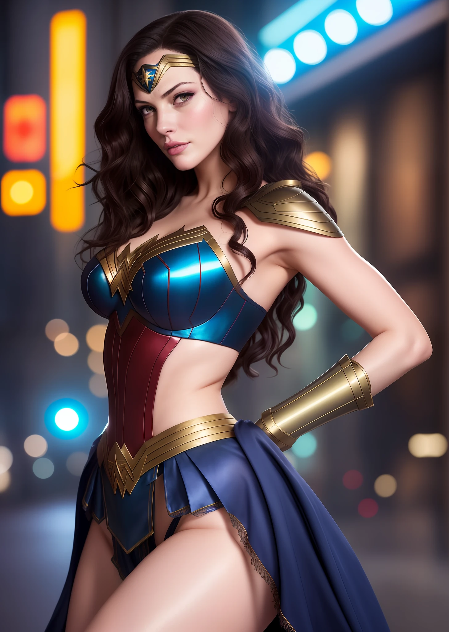 Liv Tyler, highly detailed cosplay Wonder Woman, (panties), wet legs, large breasts, lush ass, in superhero pose, hourglass body, long curly hair, detailed face, cinematic, maximum detail, city, night, storm, squat, looking at the viewer, mute colors, soft cinematic light, crazy detail, intricate detail, hyperdetail, masterpiece, 8k, (detail), hdr, high quality, ((high skin detail,  skin detail)), sharp focus, 8k uhd, DSLR, high quality, film grain