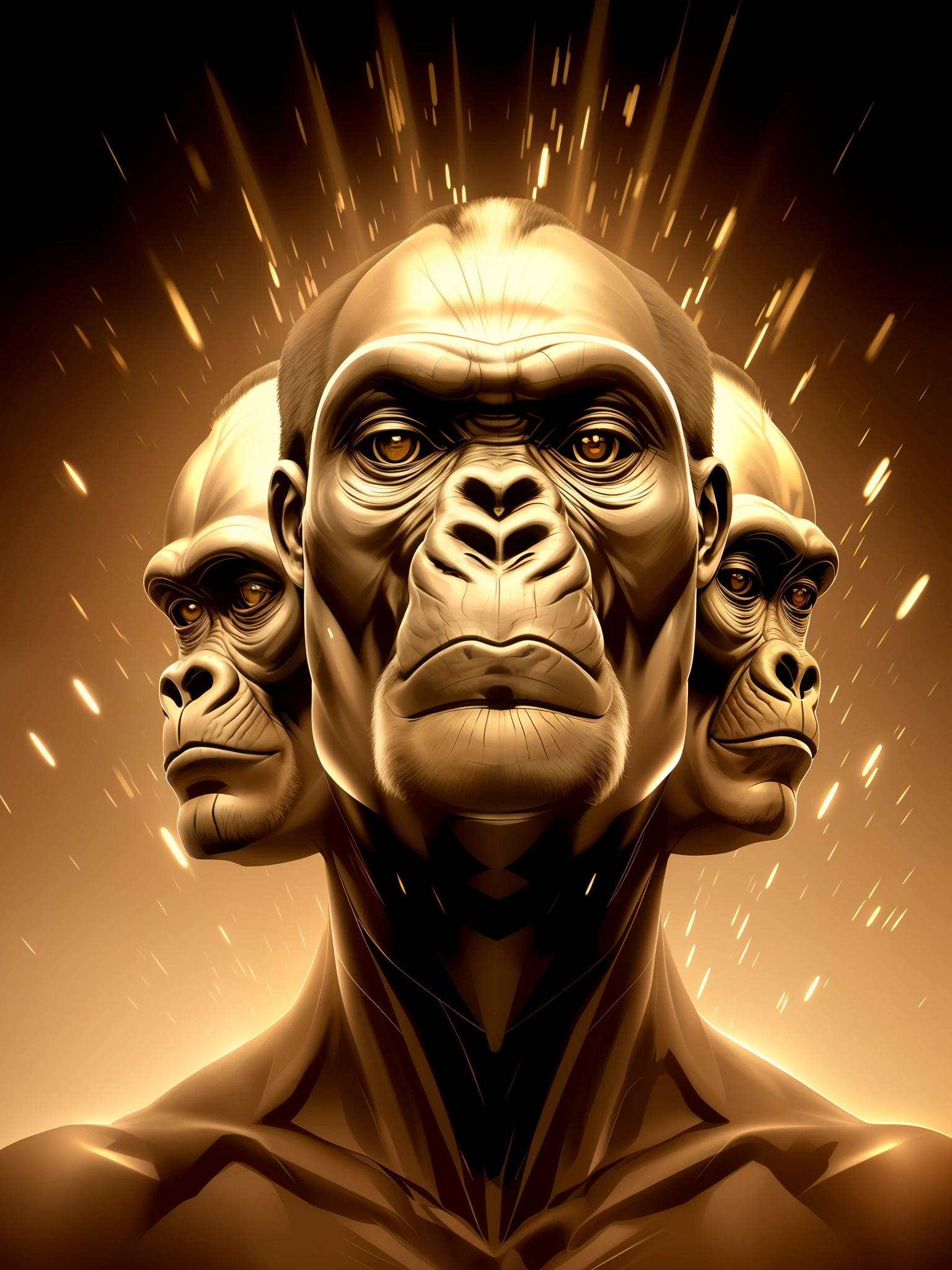 the three faces of the poster person, 3 heads, three heads, high resolution printing: 1 cmyk :1, heads, giant ruins of the golden head statue, head, symmetic face, by Eduardo Paolozzi, three heads one body, dio mild, many heads, inspired by Sir Jacob Epstein, symmetrical face, right head is of one (gorilla), the left head of one (gorilla the three faces are laterally together, no body, only the head head, looking at the viewer, the middle head is of a (gorilla), mouth like that of a skull (super detailed) (terror)
