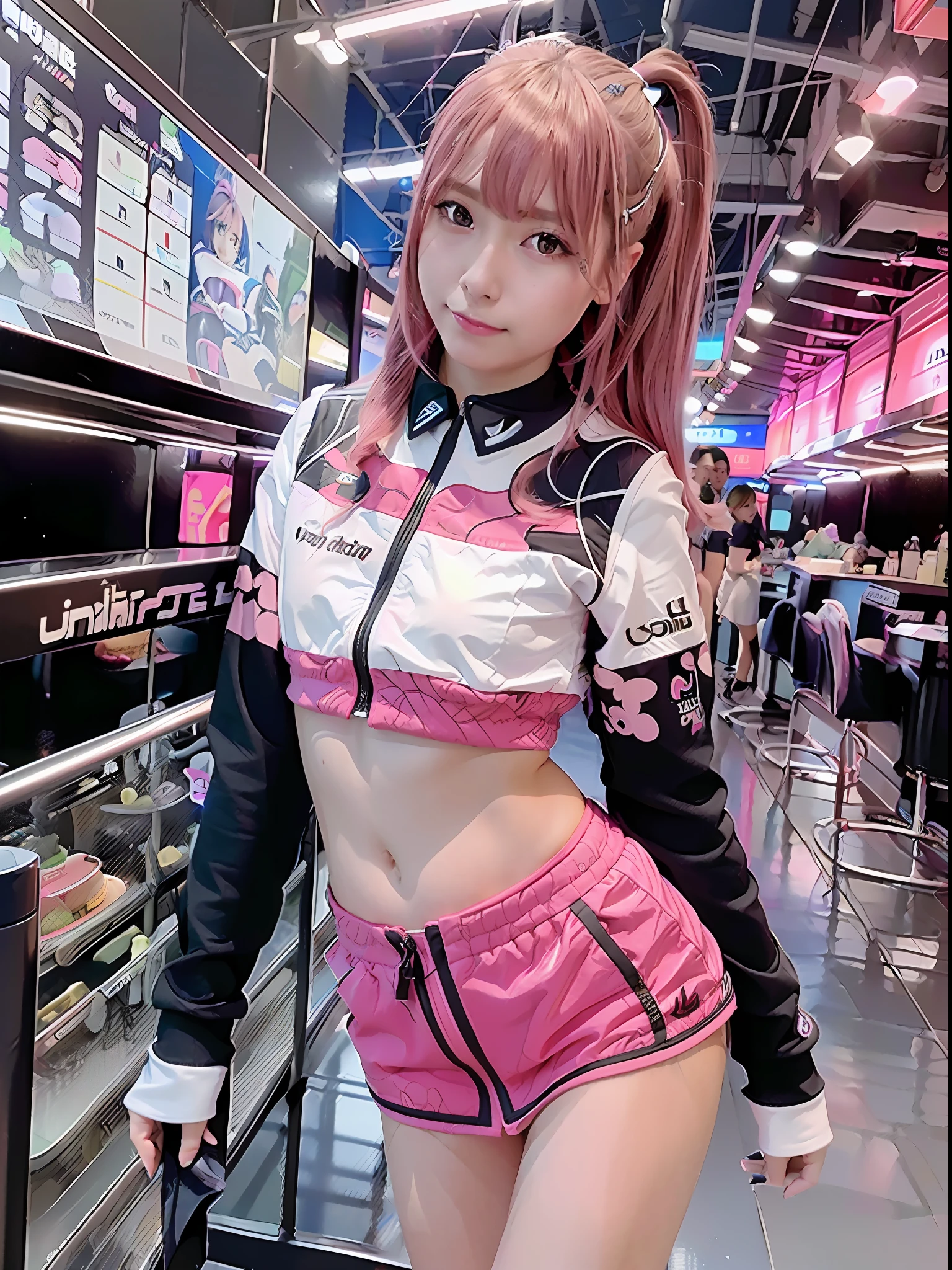 Top Quality, Ultra High Resolution, (Photorealistic: 1.4), (Pink Long Hair: 1.3), (Azure Lane\), One Girl, (Kpop Idol), Watch Audience, Detailed Face, Contrappost, Smooth Skin, Perfect Anatomy Professional Lighting, Futuristic Fashion, Streetwear, High-Tech Fabric, Racing Suit, Fireproof Material, Elbow and knee pads, racing gloves, personalized embroidery, sports car background, pit, miniskirt, belly button, pink hair, Suzuka circuit, circuit home straight, race track, international circuit, SUPERGT