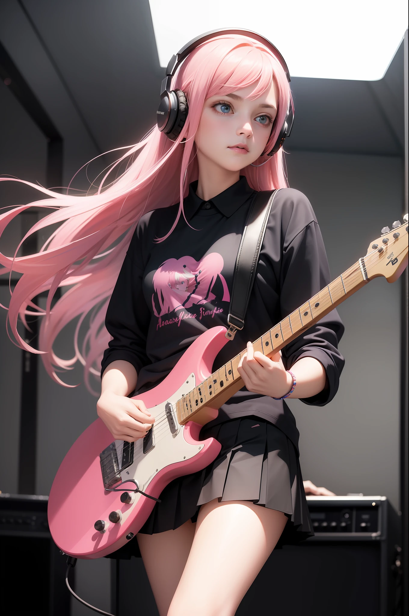 ((masterpiece, best quality)), 1girl, solo, black skirt, blue eyes, electric guitar, guitar, headphones, holding, holding plectrum, instrument, long hair, music, one side up, pink hair, playing guitar, pleated skirt, black shirt, indoors