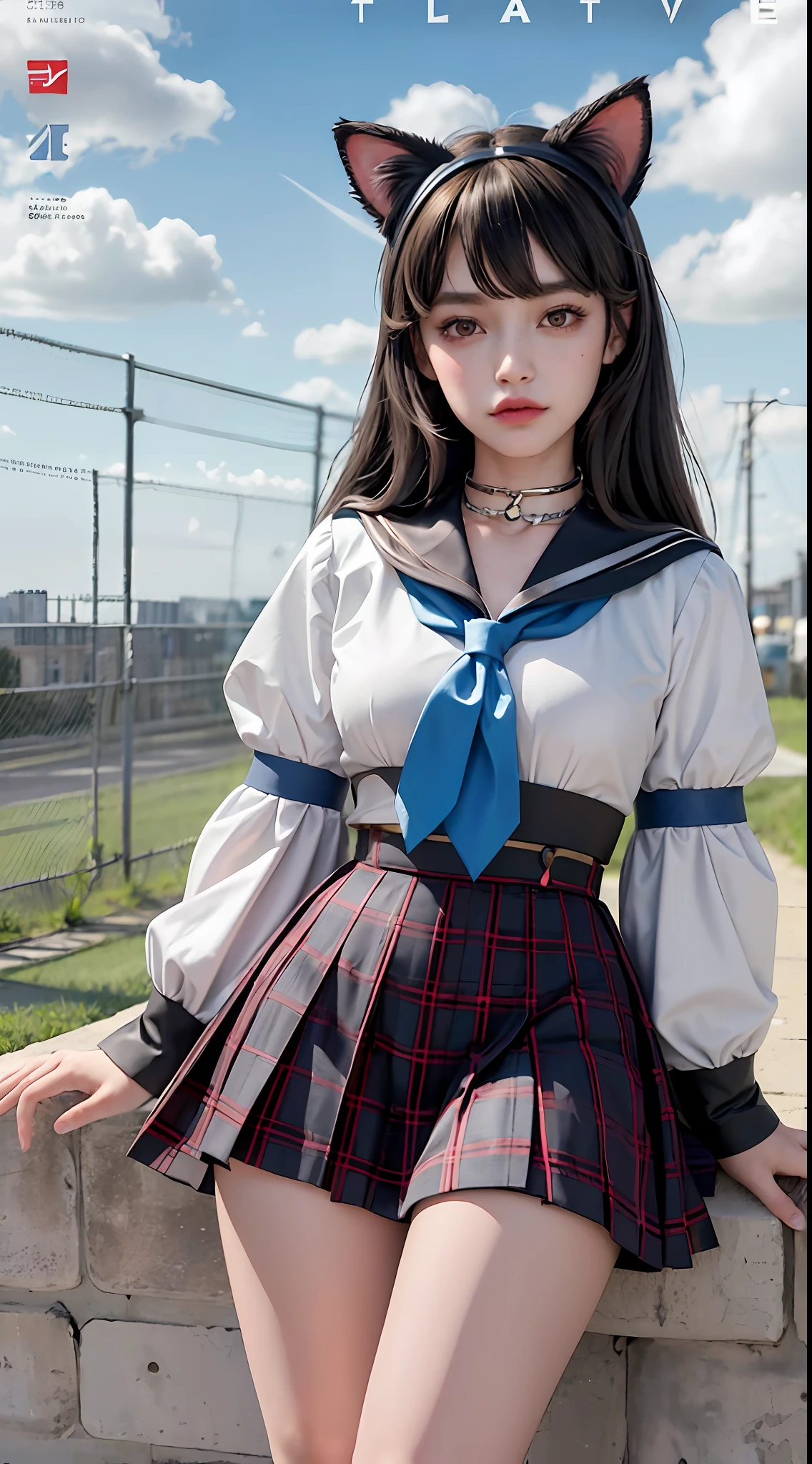 ((masterpiece, best quality)),a girl, solo, skirt, sky, sitting, pantyhose, serafuku, cloud,black gloves, outdoors, neckerchief ,day, bangs, fence, shirt, ahoge, rooftop, long hair, white pantyhose, black hair, school uniform, white sailor collar, red eyes, sailor collar, blue skirt, red neckerchief, blue serafuku, animal ears, blue sky, long sleeves, blue shirt, looking at viewer, closed mouth,cat ears, chain-link fence, pleated skirt, cloudy sky, trash can
(magazine:1.3), (cover-style:1.3), fashionable, woman, vibrant, outfit, posing, front, colorful, dynamic, background, elements, confident, expression, holding, statement, accessory, majestic, coiled, around, touch, scene, text, cover, bold, attention-grabbing, title, stylish, font, catchy, headline, larger, striking, modern, trendy, focus, fashion,