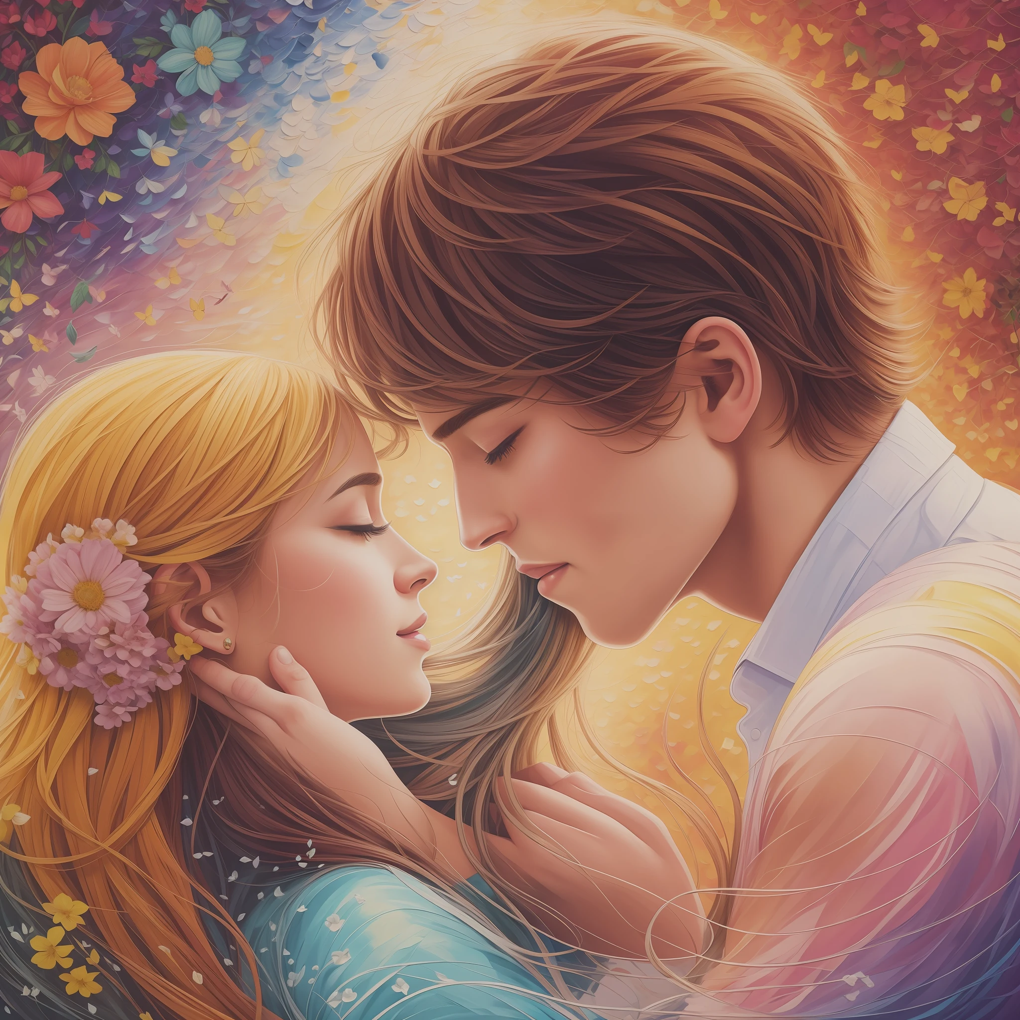 Create a painting that depicts a couple in a moment of intense love and passion, representing the letter "The Passionate Kiss". Use vibrant, warm colors to convey the energy and intensity of that moment. The main focus of the painting should be the kiss between the couple, capturing the expression of surrender and desire on their faces. Explore the details of the lips and intertwined hands to convey the connection and intimacy between them.
For the setting, use romantic elements such as flowers in vibrant tones around the couple, symbolizing the blossoming of love. Add a soft golden or pink light around the couple, representing the aura of love that surrounds them. You can include subtle elements that refer to the theme of relationships, such as alliances or hearts intertwined in some detail of the painting.
Remember to be inspired by the style of Vincent van Gogh, exploring expressive and striking brushstrokes to create a unique atmosphere. Use the "painting in motion" technique to convey the energy and flow of passionate love. Finally, give a final touch to the painting by adding small symbolic details, such as butterflies flying around the couple, representing the transformation and freedom that true love provides.