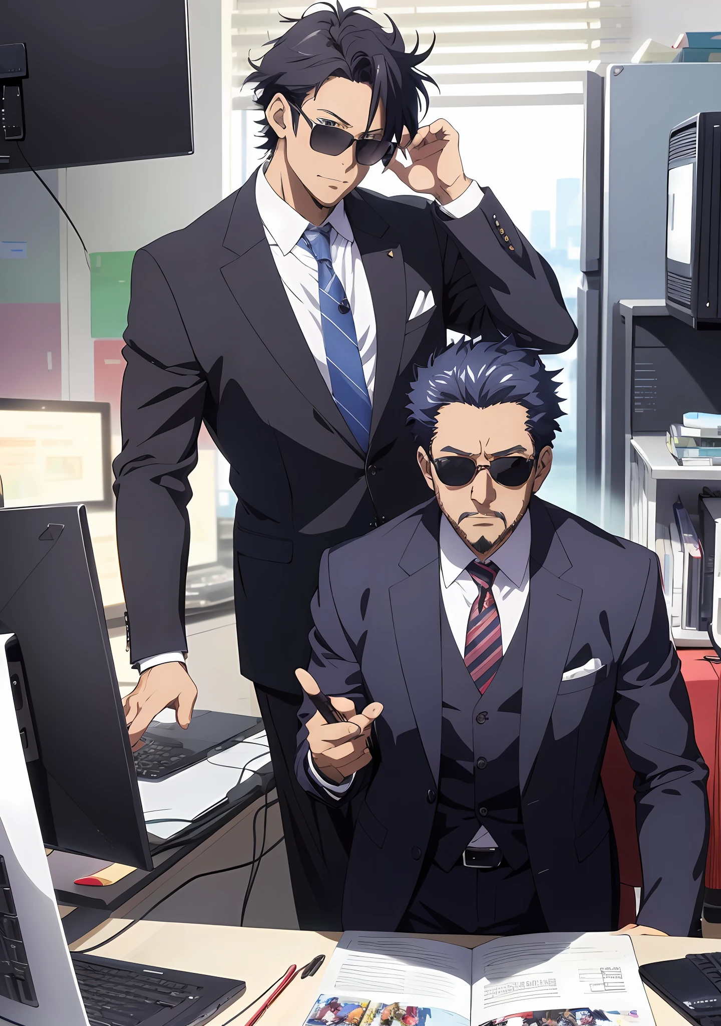 A middle-aged man in a suit and sunglasses stands in front of the computer, official anime key visuals, high detail official artwork, official anime artwork, young anime people, anime key visual concepts, anime key visuals", epic anime style, official character art, official illustrations