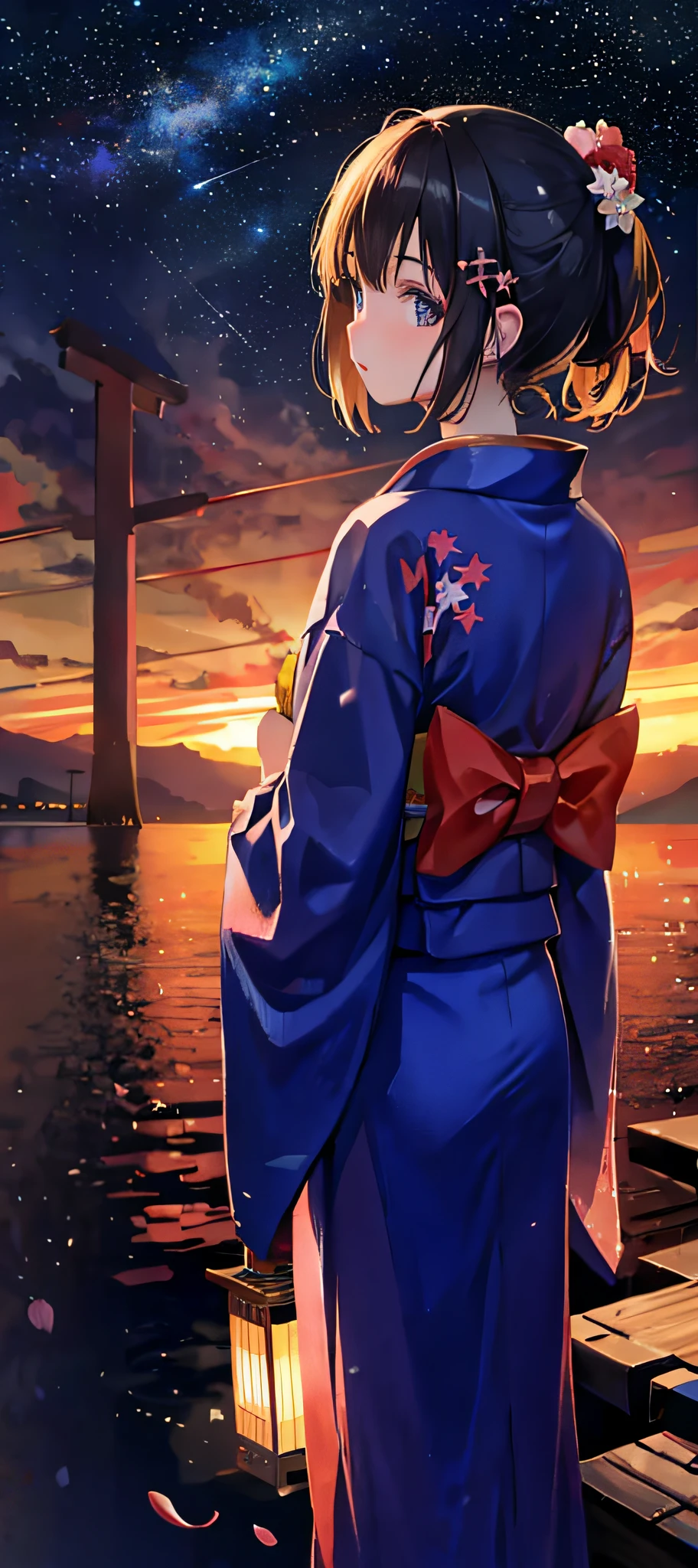 1girl, a distant girl kiss girl in a kimono gazing at the stars, (zoomed: 1.1), (meteor shower: 1.2), (comet: 1.1), your name, low angle, from behind, Northern Lights, meteors, yukata, red kimono, cherry blossoms, standing in the field, best quality, masterpiece, clouds, colorful, starry, stars,