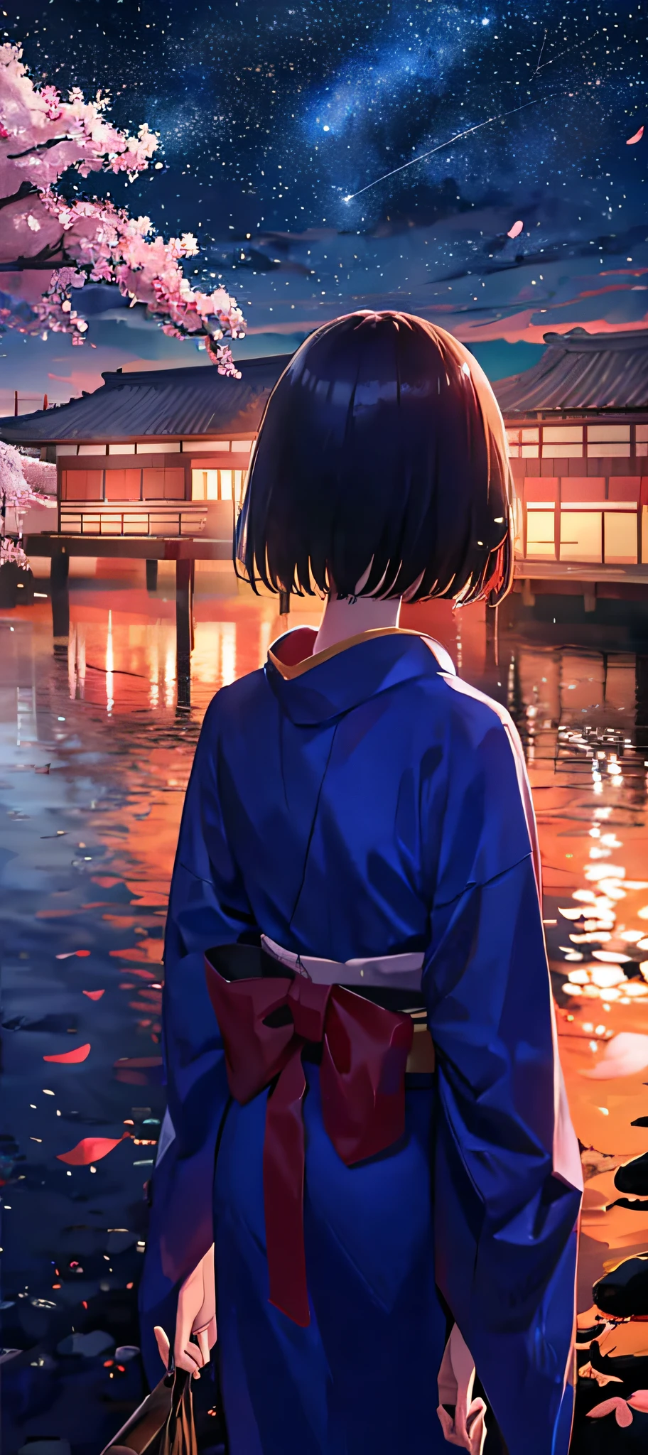 1girl, a distant girl kiss girl in a kimono gazing at the stars, (zoomed: 1.1), (meteor shower: 1.2), (comet: 1.1), your name, low angle, from behind, Northern Lights, meteors, yukata, red kimono, cherry blossoms, standing in the field, best quality, masterpiece, clouds, colorful, starry, stars,
