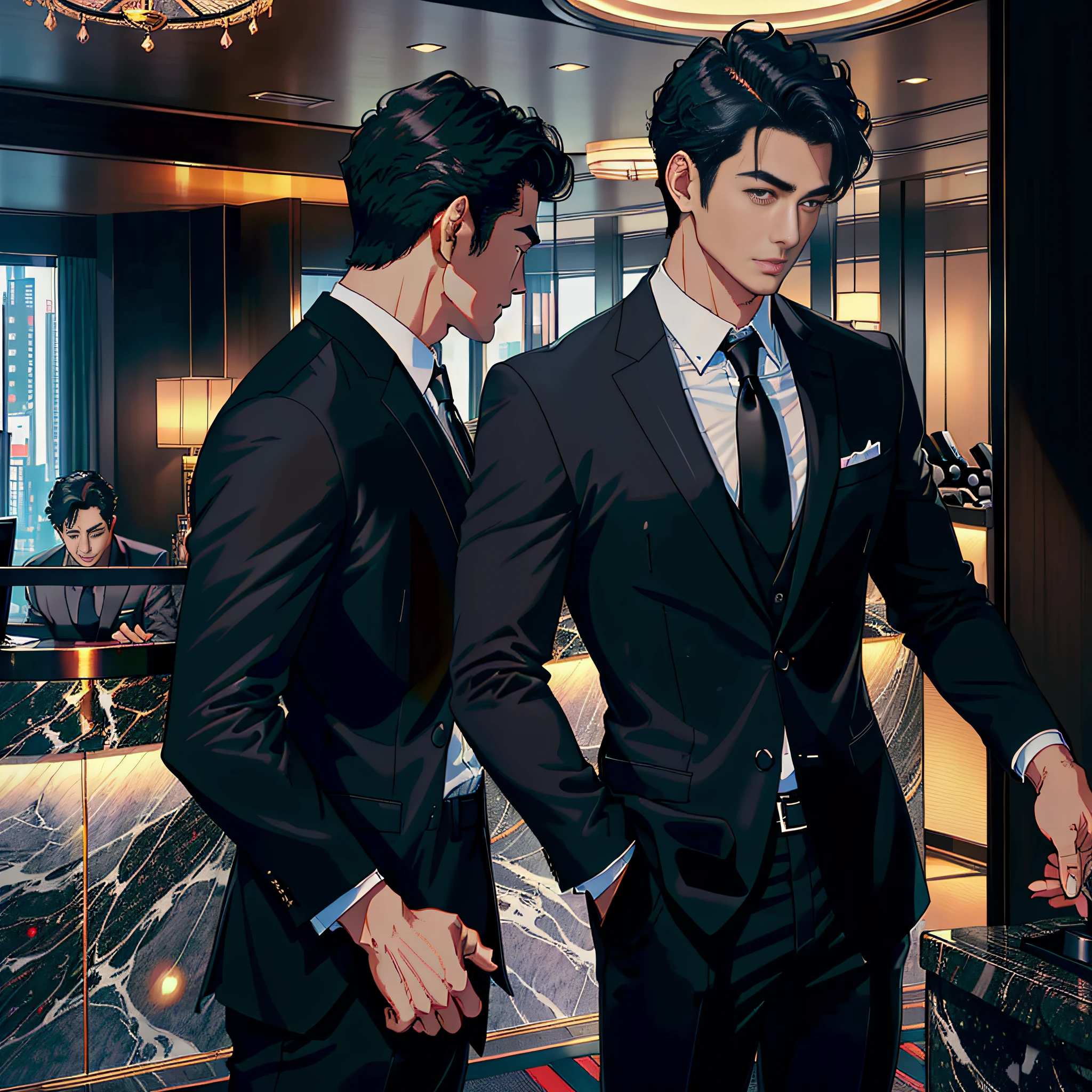 ((Masterpiece)), ((Best Quality)), 8K, HD ((Hotel Gym 1.5))(Japan Bustling City 1.4)(Hotel Front Desk)((1 Handsome Man 1.5))(Black Hair Black Suit Shirt Black Pants 1.2) (Upper Body Back Display 1.3) With the best quality and super detail, photographic reality, realistic, very detailed illustrations realistic, octane rendering