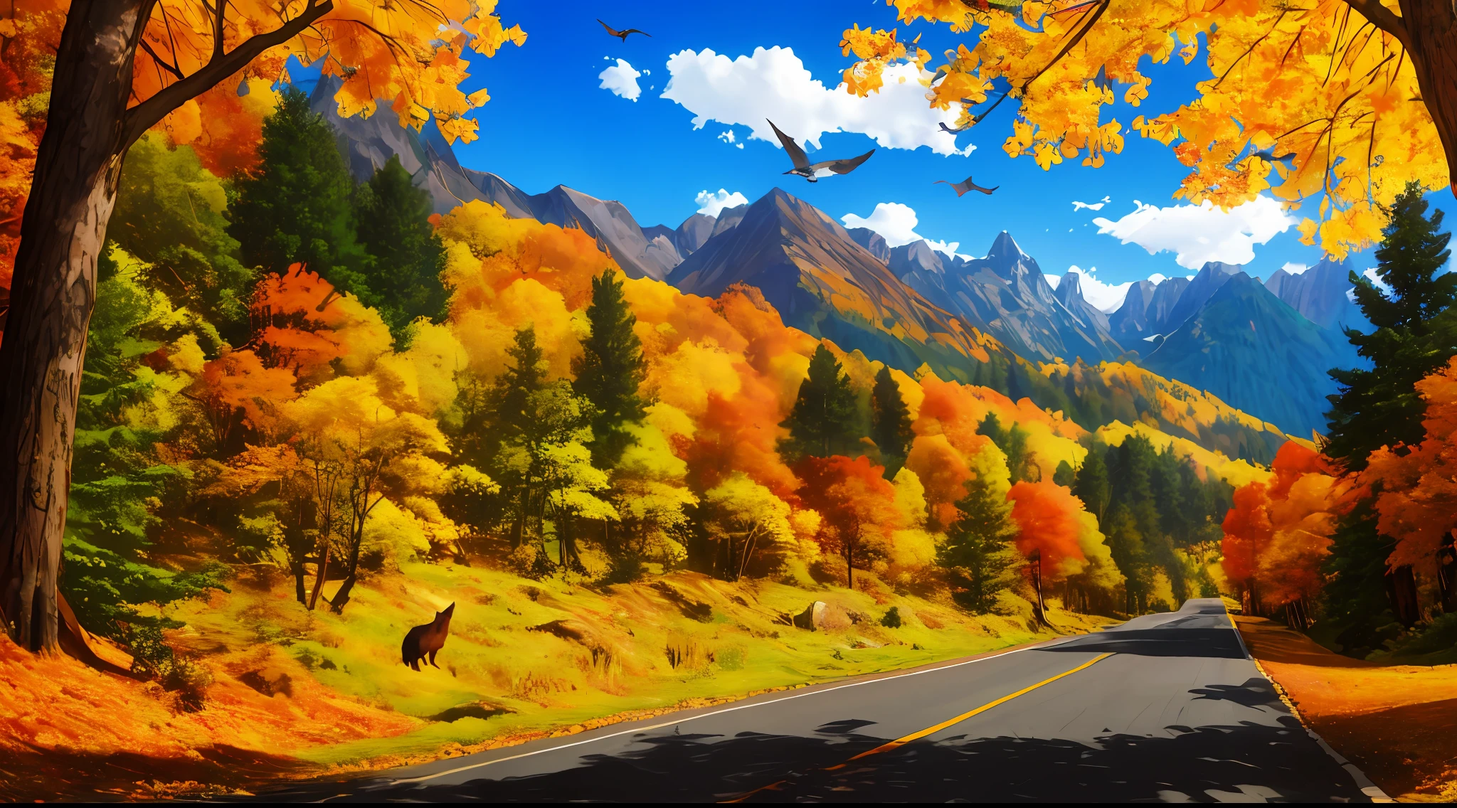 forest in autumn, mountain, flying eagles, rabbits, fox --auto --s2