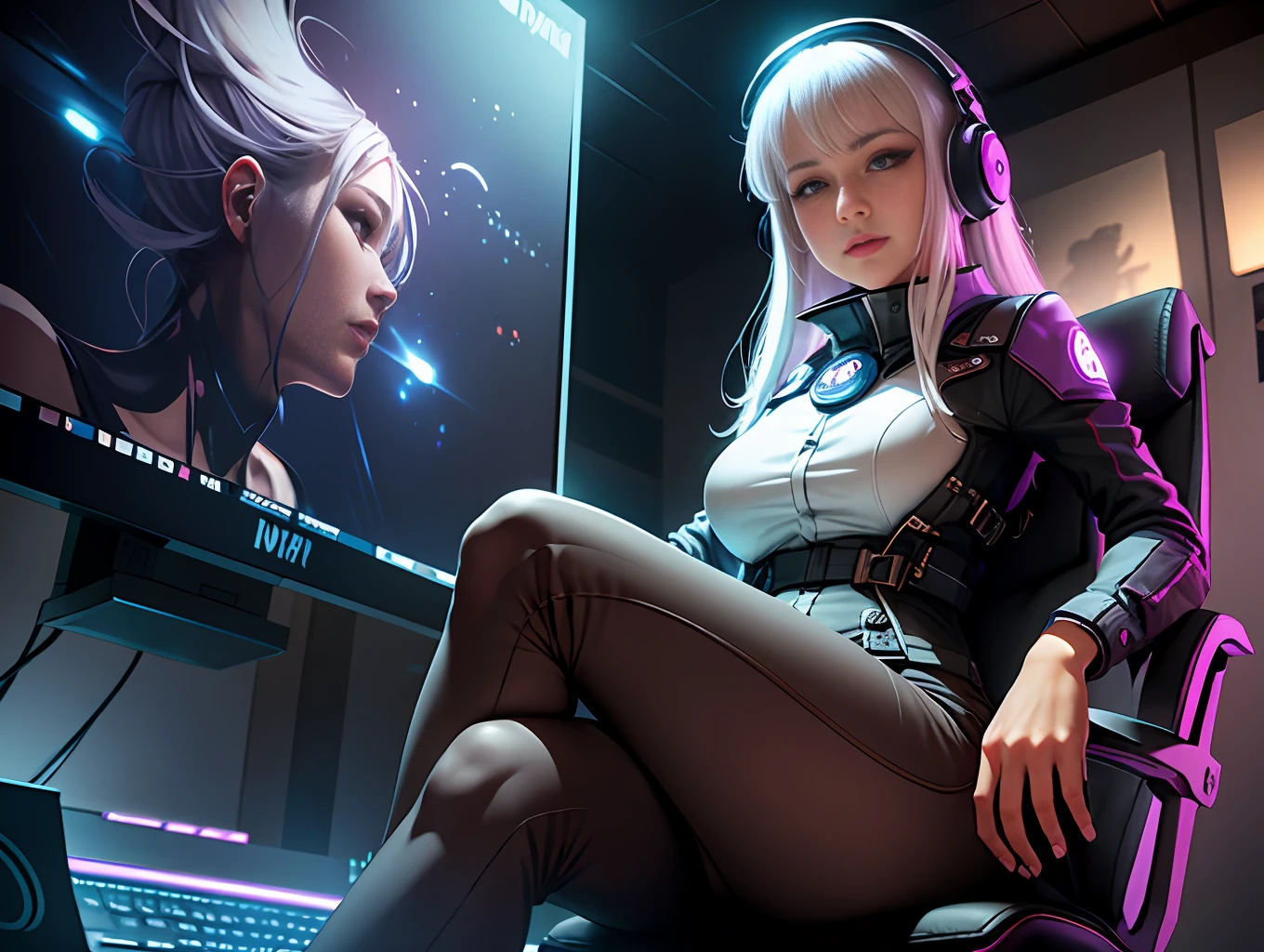 A woman with white hair and light brown eyes finds herself immersed in her virtual world. Wearing an outfit inspired by a role-playing game, she wears a gamer headset, immersing herself in the intense sounds of the virtual universe. Her feminine figure is highlighted by generous breasts, robust thighs and a thin waist, evidencing her natural sensuality.
Sitting comfortably in an ergonomic gaming chair, she is immersed in a room specially designed for her passion for gaming. The walls are lined with posters of your favorite games, and shelves display collectibles and special editions. The lighting of the room is soft and strategically positioned, creating an engaging and cozy atmosphere.
Her eyes sparkle with excitement as she deftly controls the mouse and keyboard of her gaming computer. On screen, a virtual world full of mysteries and adventures unfolds before her. She gives herself completely to the experience, immersing herself in exciting battles and exploring fantastic landscapes.
Through the headset, she communicates with other players around the world, forming bonds and creating friendships that transcend physical boundaries. Her dexterity and strategy make her a respected player, and her powerful presence in the virtual world is felt by all who encounter her.
While playing, she is transported to a realm where her imagination is free and unlimited. There, she's the fearless heroine she's always dreamed of being. In the gamer room, she finds a space where she can express her unique personality and enjoy her passion for gaming, embracing her femininity and empowerment.