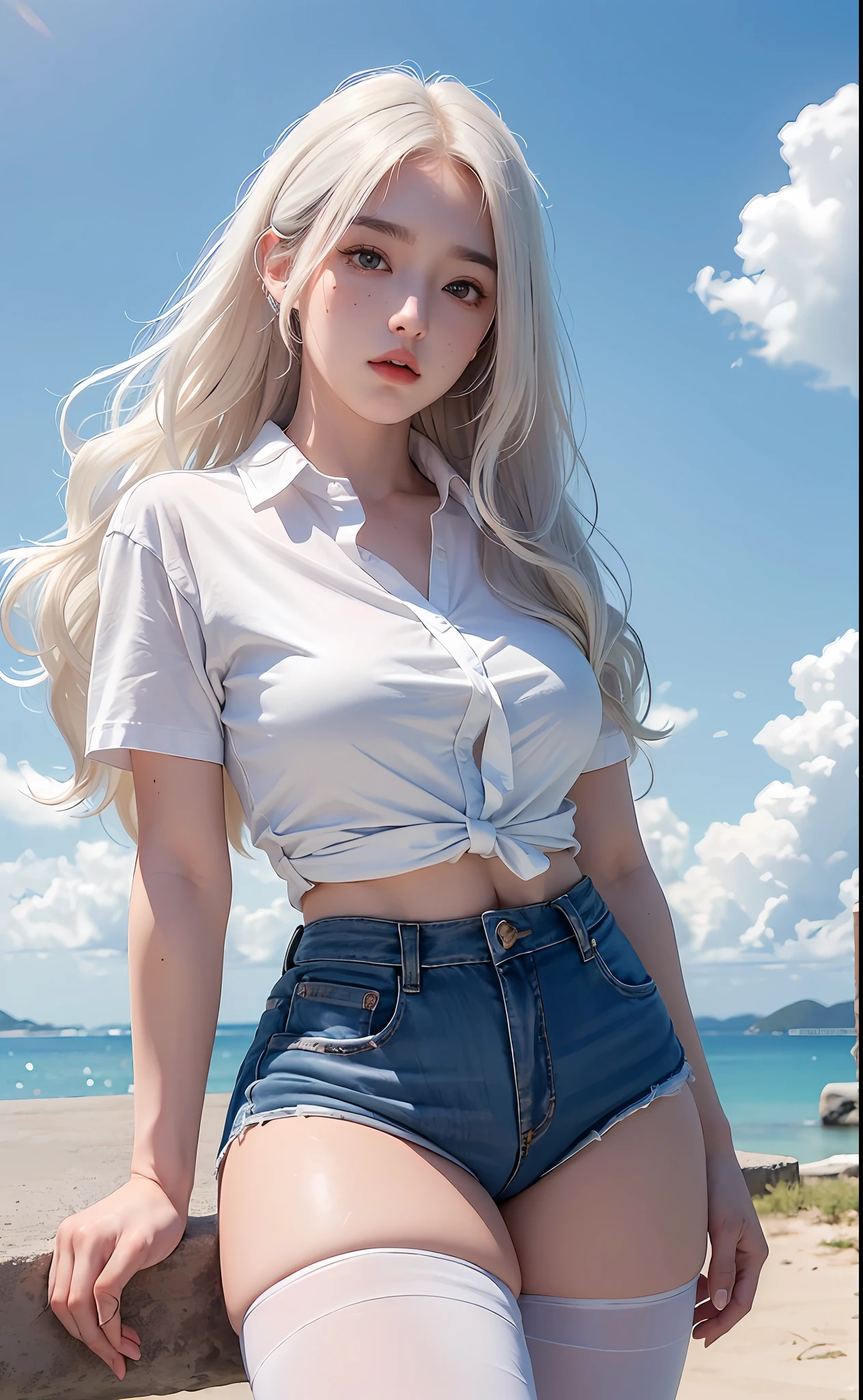 (Masterpiece, realistic, high resolution), (1 girl): 1.2), Korean, ((white wavy hair): 1.3), (heterochromic eyes: 1.1, thick eyebrows, small moles under the eyes), tie, (white shirt, red sports shorts), ((medium breasts): 1.2, thighs), outdoors, blue sky and white clouds, wearing stockings