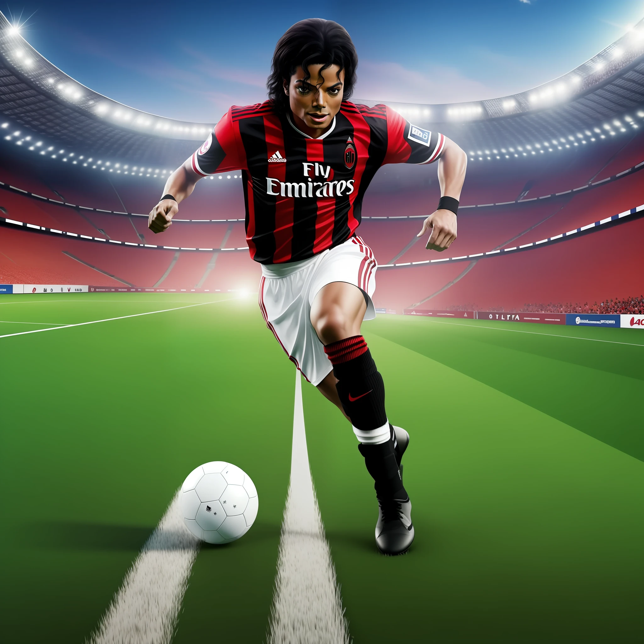 (ultra realistic) (4k) Michael Jackson playing football, for the Milan team