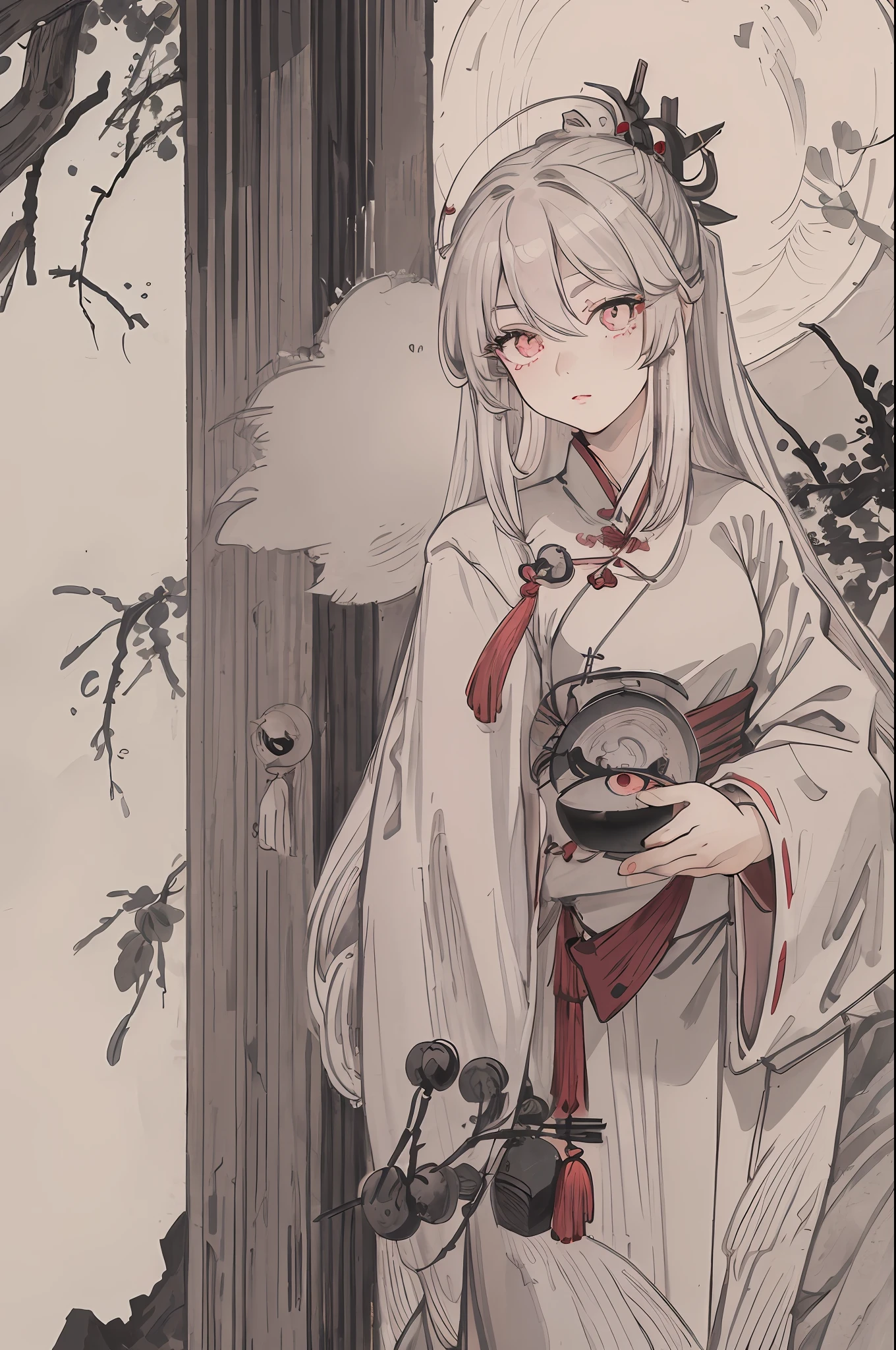 Masterpiece, superlative, full moon long night, mature hair, silver and white long hair, female light pink lips, calm, intellectual, red pupil of left eye, gray pupil of right eye, ancient Chinese Taoist robe