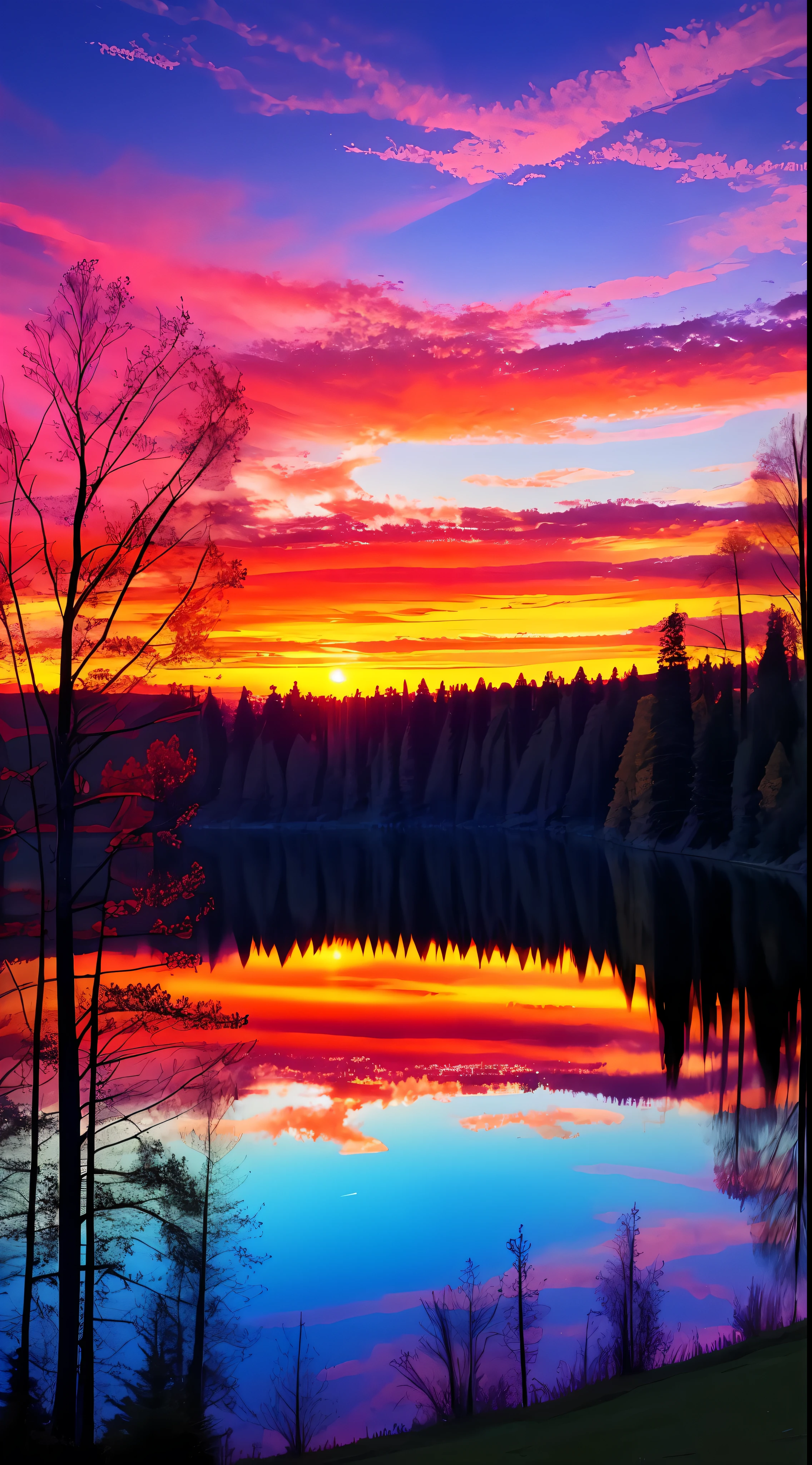 there is a beautiful sunset with a lake and trees in the background, colorful skies, surreal colors, colorful sunset, colorful sky, marvellous reflection of the sky, stunning sky, dream like atmosphere 8k, colorful clouds, colors reflecting on lake, surreal sky, red and blue reflections, fire reflection, beautiful sky, beautiful and spectacular dusk, beautiful dreamy landscape, amazing sky