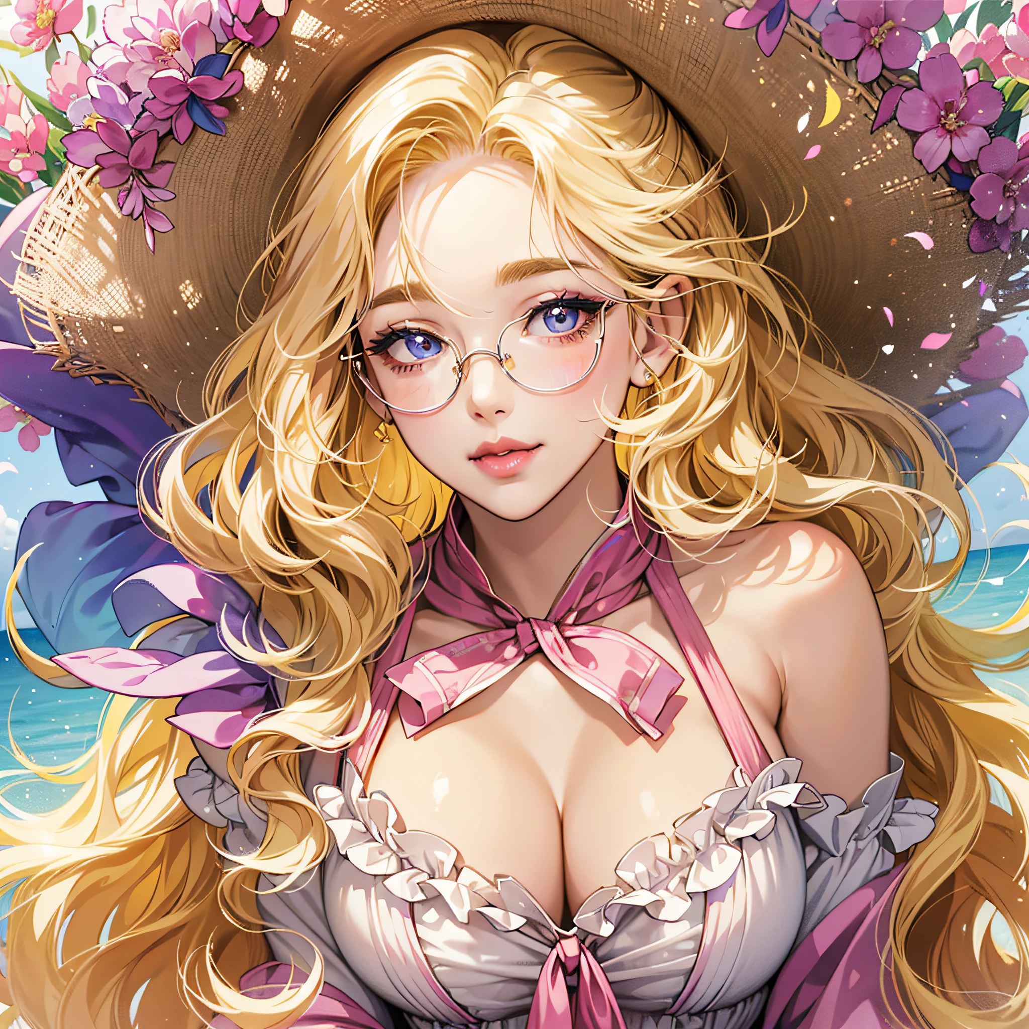 anime woman, mid 20s, long wavy hair, southern belle, golden blonde hair, angelic, indigo eyes, white and yellow sundress, sexy lips, full lips, plump lips, glossy lips, detailed eyes, sweet smile, pink lipstick, blowing a kiss, oval glasses --auto --s2