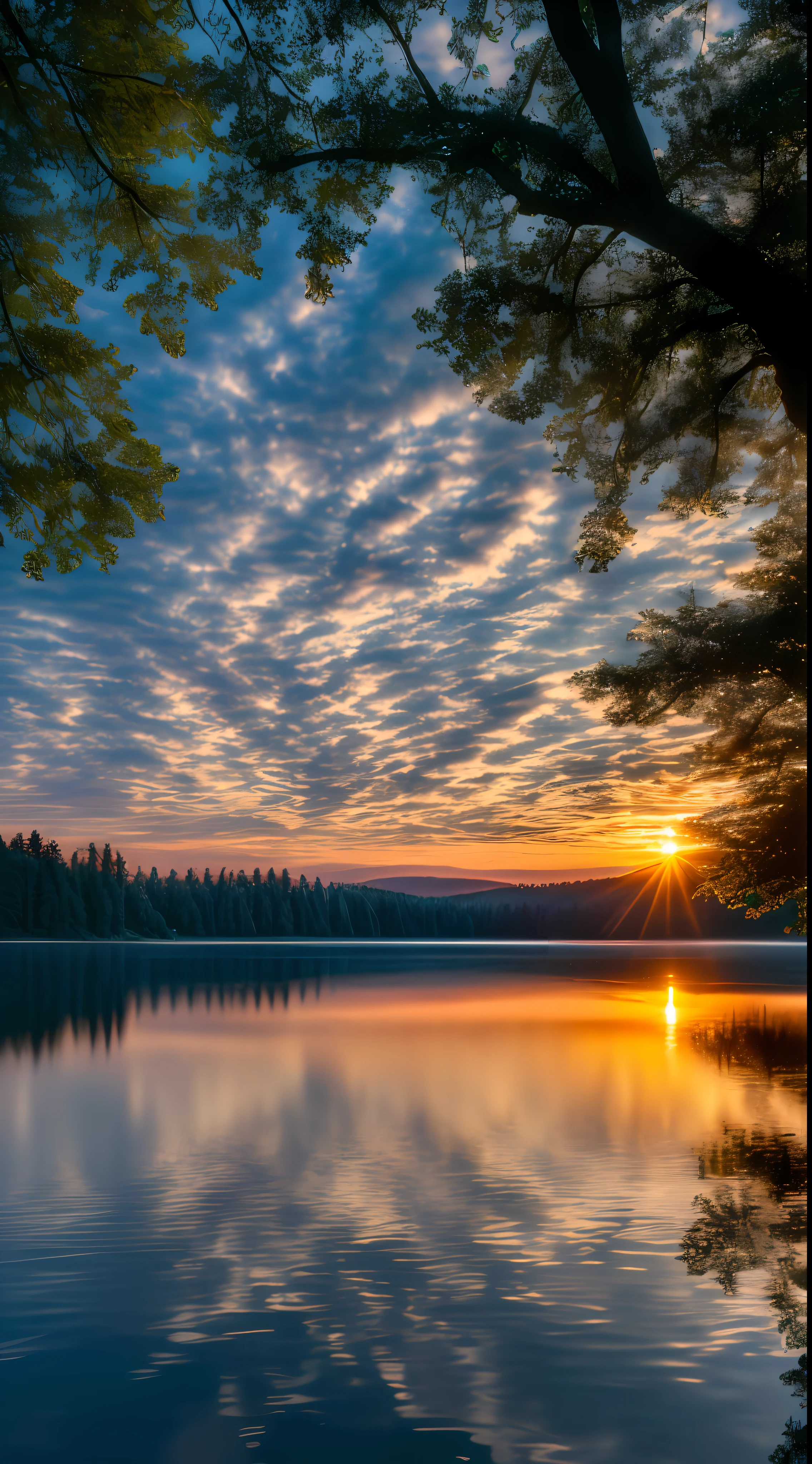 Wallpaper, summer, lake, dawn, forest, clouds, dawn background, depth of field, HD detail, hyperdetail, cinematic, soft light, deep field focus bokeh, ray tracing, diffuse (ultra-fine glass reflection) and realism. --v6