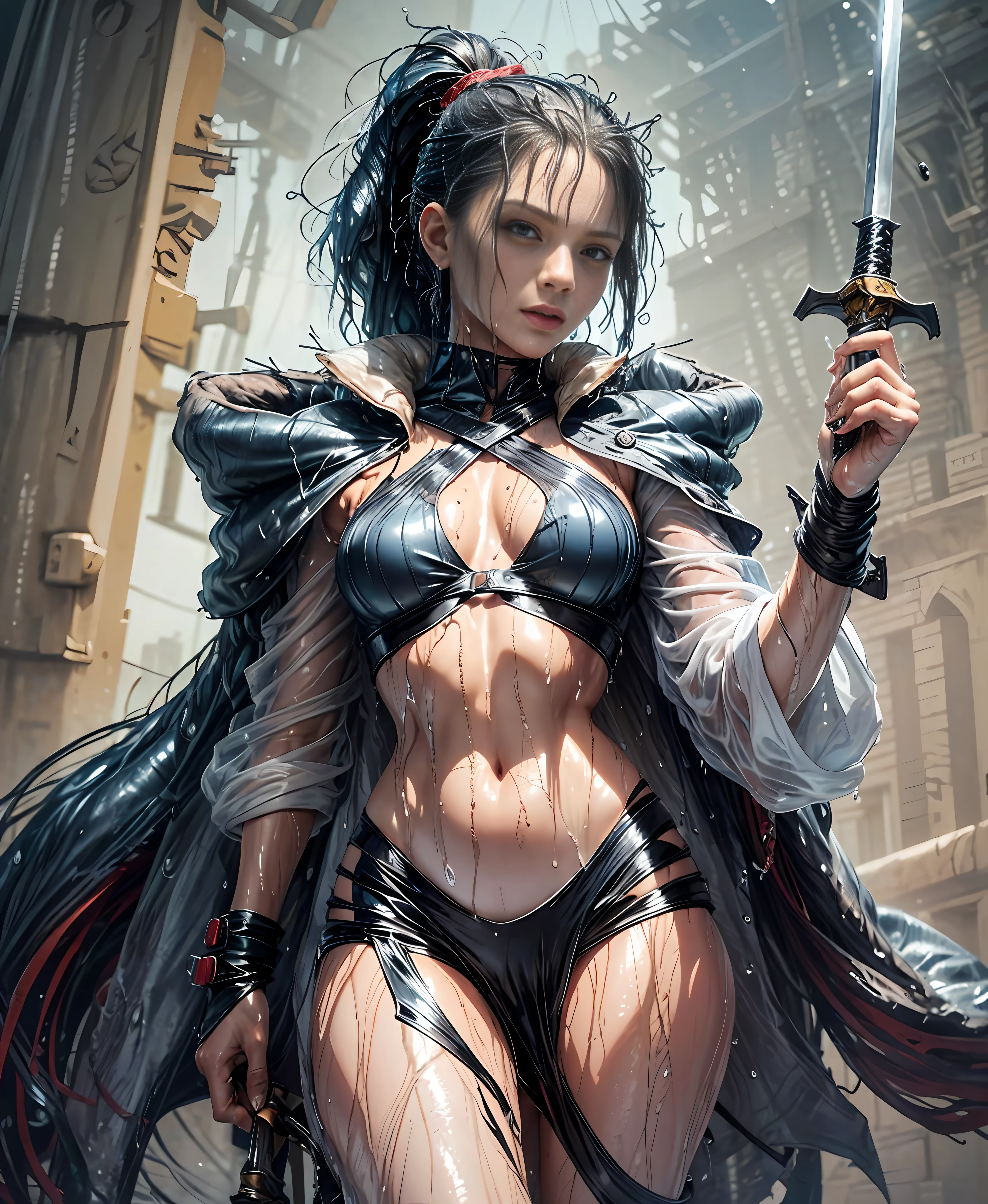 Real raw photo, public curly dark hair, Ponytail, beautiful female warrior, approximately 20 years of age, with a perfect body and dressed only organza transparent coat (see-through: 2.0) , The character has dark blue hair with red highlights, tied in a horse tail, and holds a short sword in her hand. I would like the drawing to be done in any graphic convention that fits the character’s nature, wet skin, (wet:2.0), shiny skin, transparent organza flowing coat, photorealistic: 2.0. Shiny skin, --auto --s2