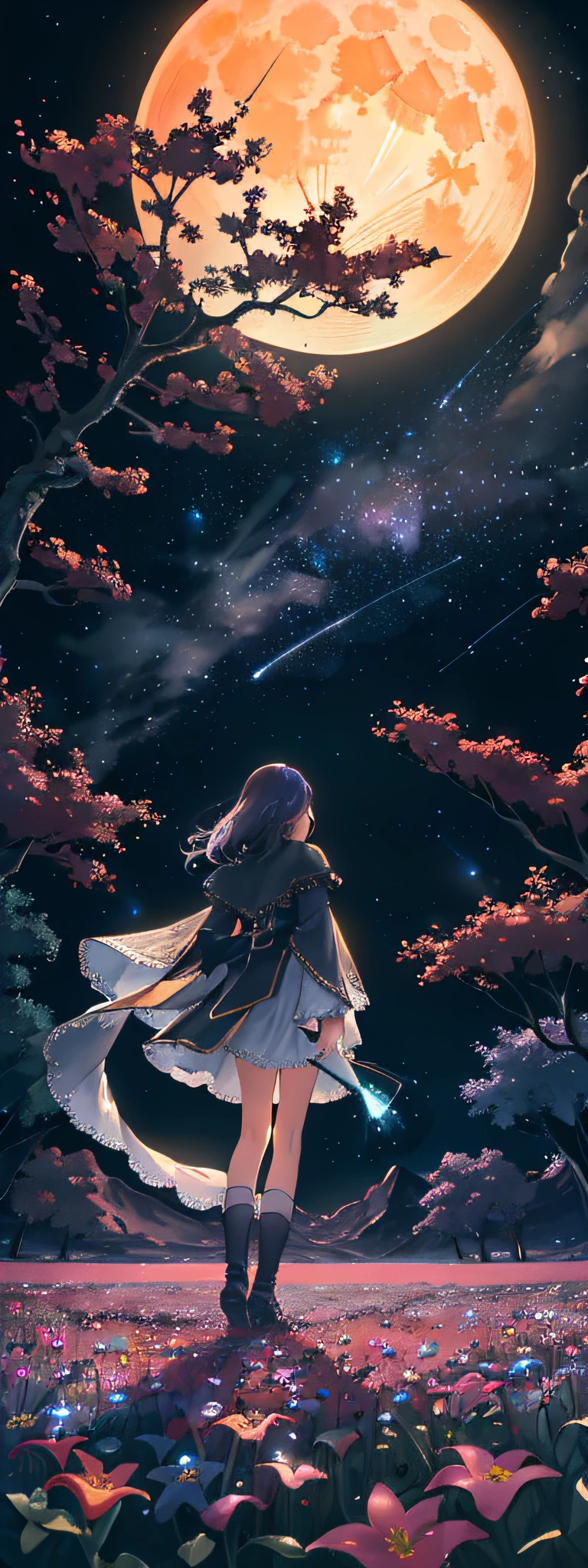 Expansive landscape photograph, (view from below with a view of the sky and wilderness below), standing in a flower field looking up, (full moon: 1.2), (shooting star: 0.9), (nebula: 1.3), distant mountain, tree break production art, (warm light source: 1.2), (firefly: 1.2), lamp, purple and orange, intricate detail, volume lighting, realism break (masterpiece: 1.2) (Best Quality), 4K, Ultra-Detailed, (Dynamic Configuration: 1.4), Highly Detailed and Colorful Details, (Iridescent Colors: 1.2), (Glowing Lighting, Atmospheric Lighting), Dreamy, Magical, (Solo: 1.2)