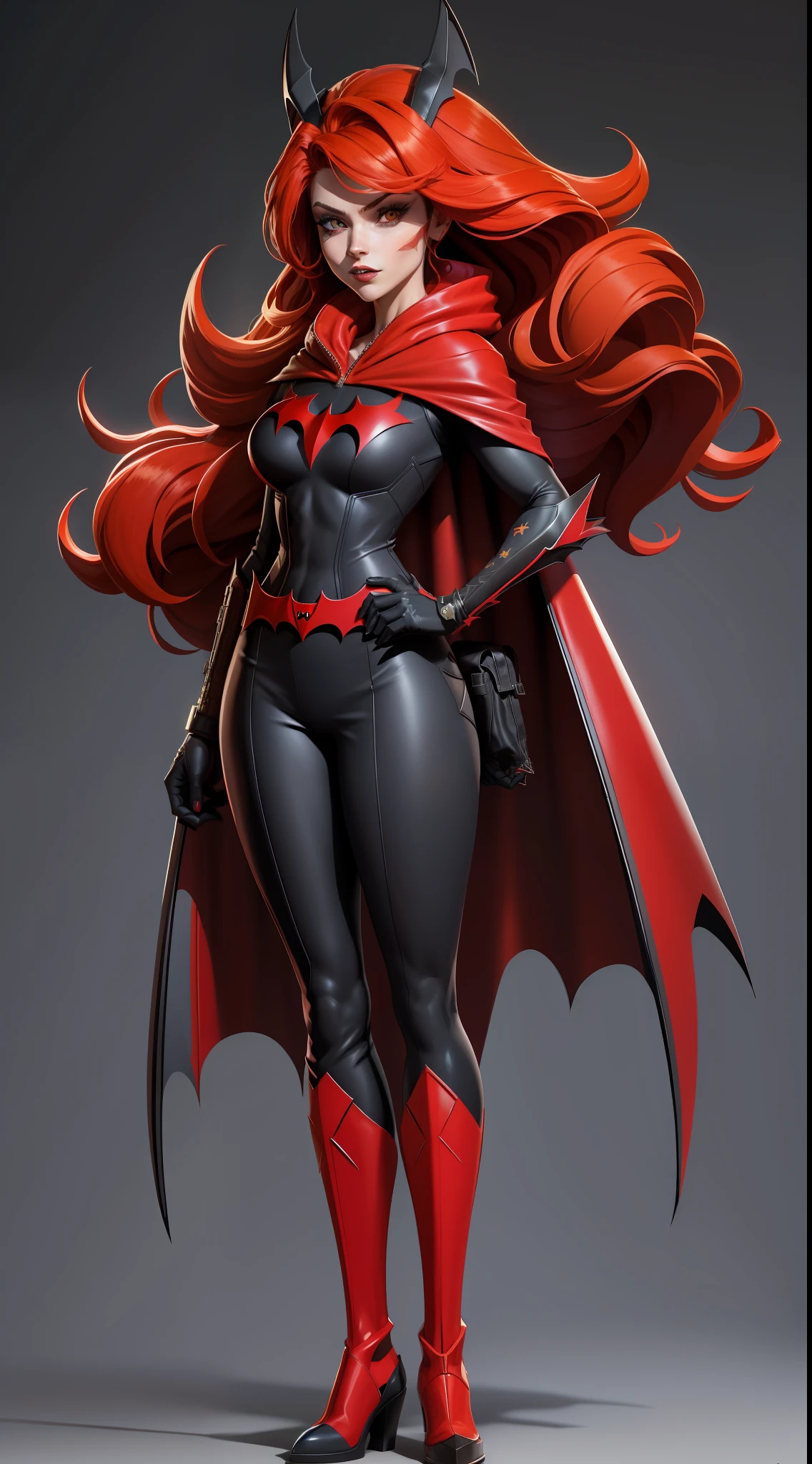 detail hair, different hair color color, red hair Batwoman, thin, bat costume, cigarette, cape, bat mask on face, gopnik, full body, fullbody, reference, adopted character, character, anime style, concept art, character sheet adopt, Breathtaking, Detailed shade