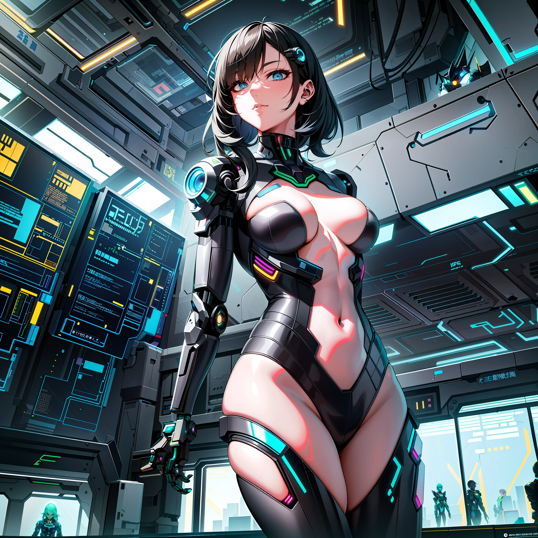 there is a woman in a futuristic suit posing in a room, cyberpunk anime girl mech, perfect anime cyborg woman, cute cyborg girl, perfect android girl, digital cyberpunk anime art, female cyberpunk anime girl, cyborg girl, girl in mecha cyber armor, cyberpunk anime girl, beutiful girl cyborg, digital cyberpunk - anime art, cyborg - girl, beautiful female android!