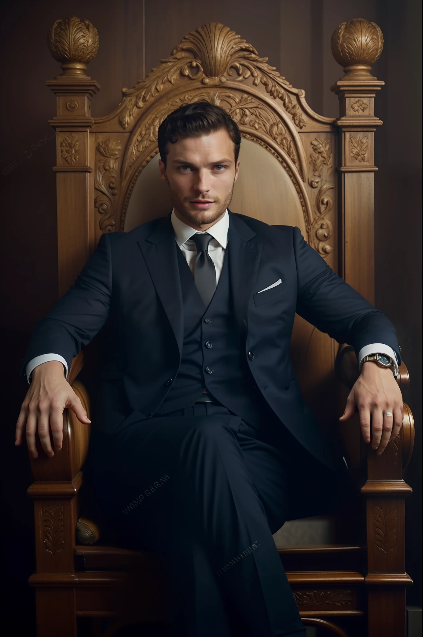 Create a Ceo wearing suit, Jamie Dornan, very handsome and attractive, strong and muscular, dark short hair, tan, dark beard, 8k resolution, best quality, similar to actor Jamie Dornan, pe, close up.
