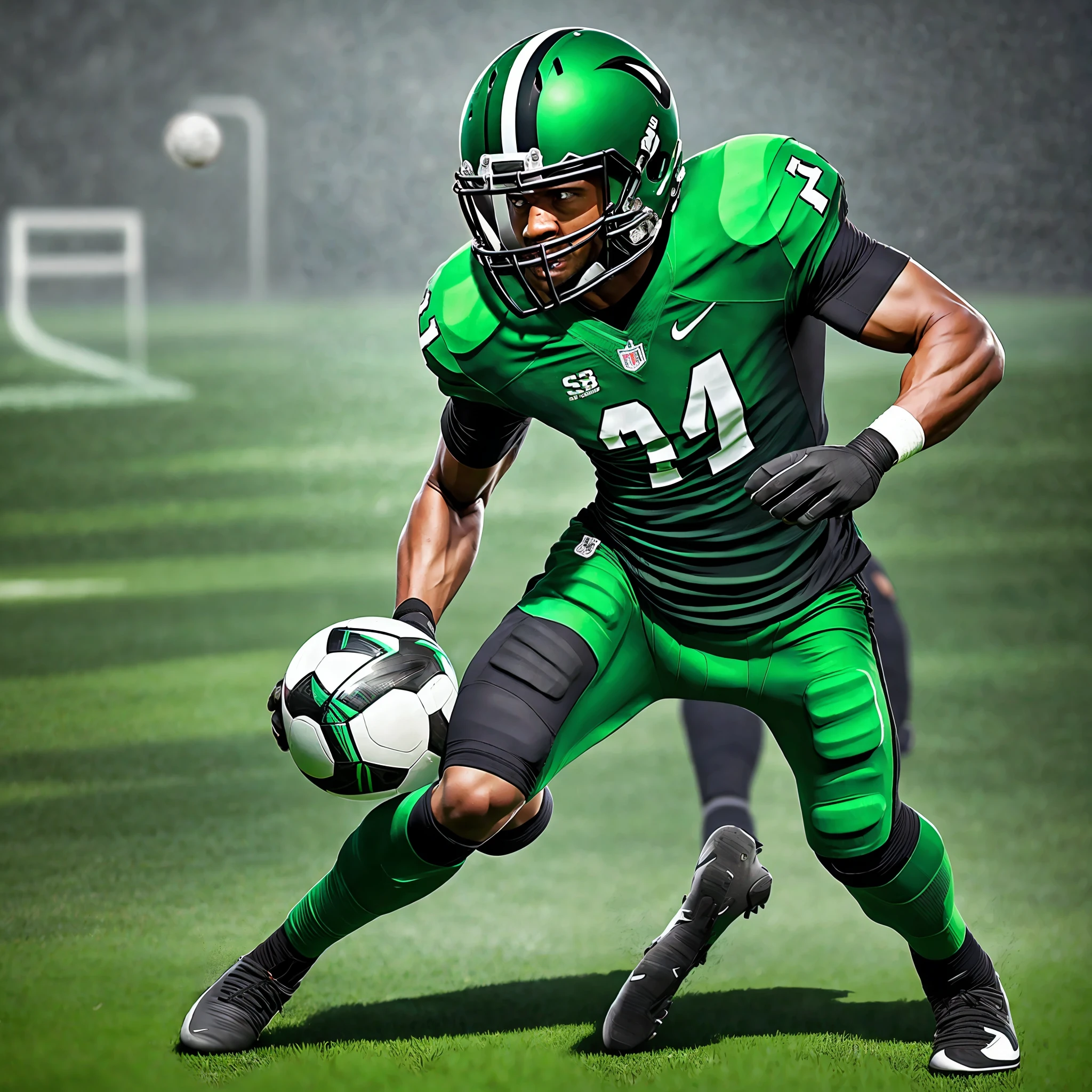 Man playing football, green and black uniform, ultrarealistic --auto --s2