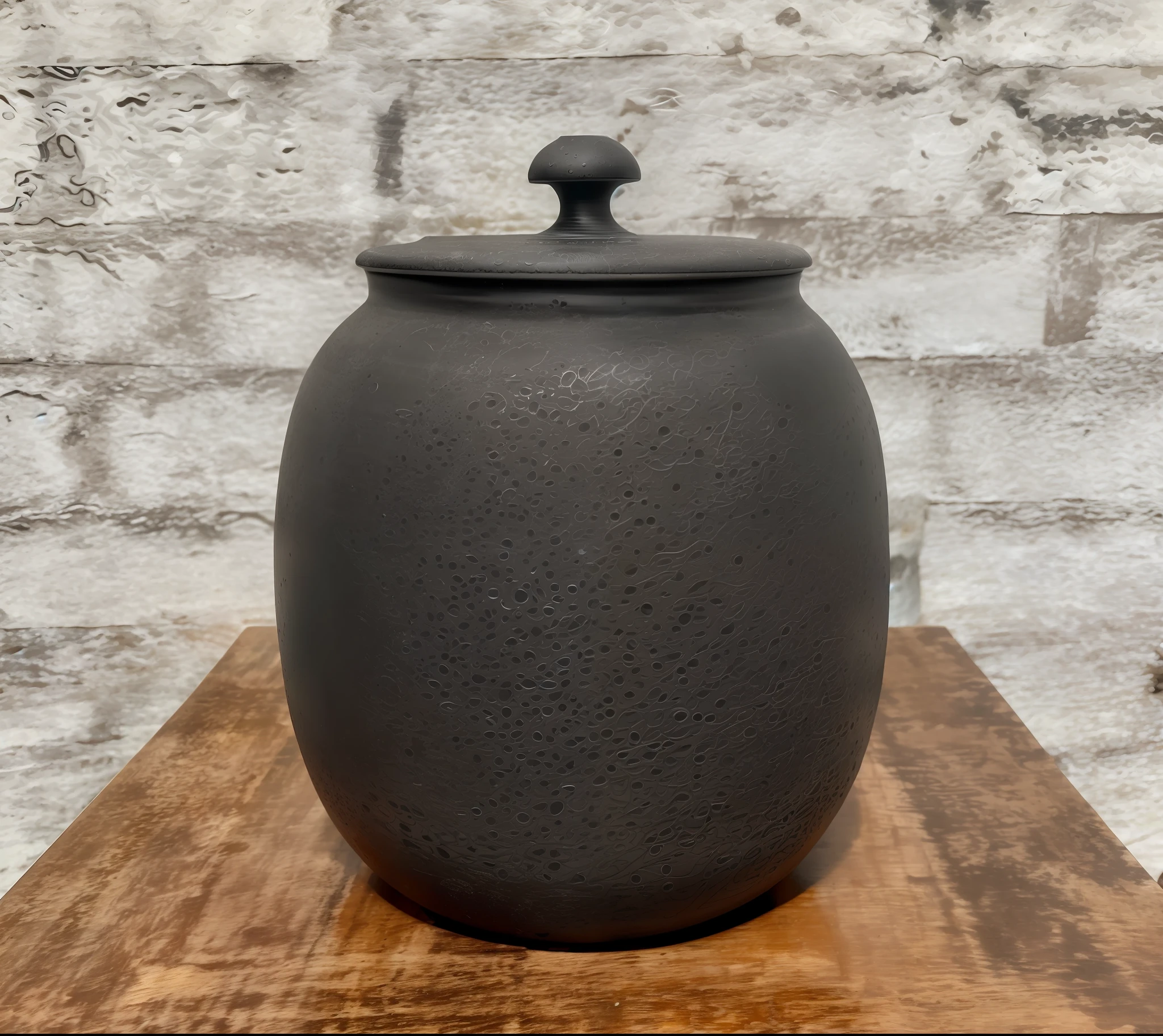 On the wooden table sits a black jar with real complex textures, ultra-detailed SCP artifact jar, pot, ceramic jar inspired by Hendrik Gretz pot, black matte finish, Hendrik Gritz pot, raku, 4 0 9 6, Japanese pottery, dark black porcelain leather, all black matte product, handmade pottery, swamp oak, Yu Anjin