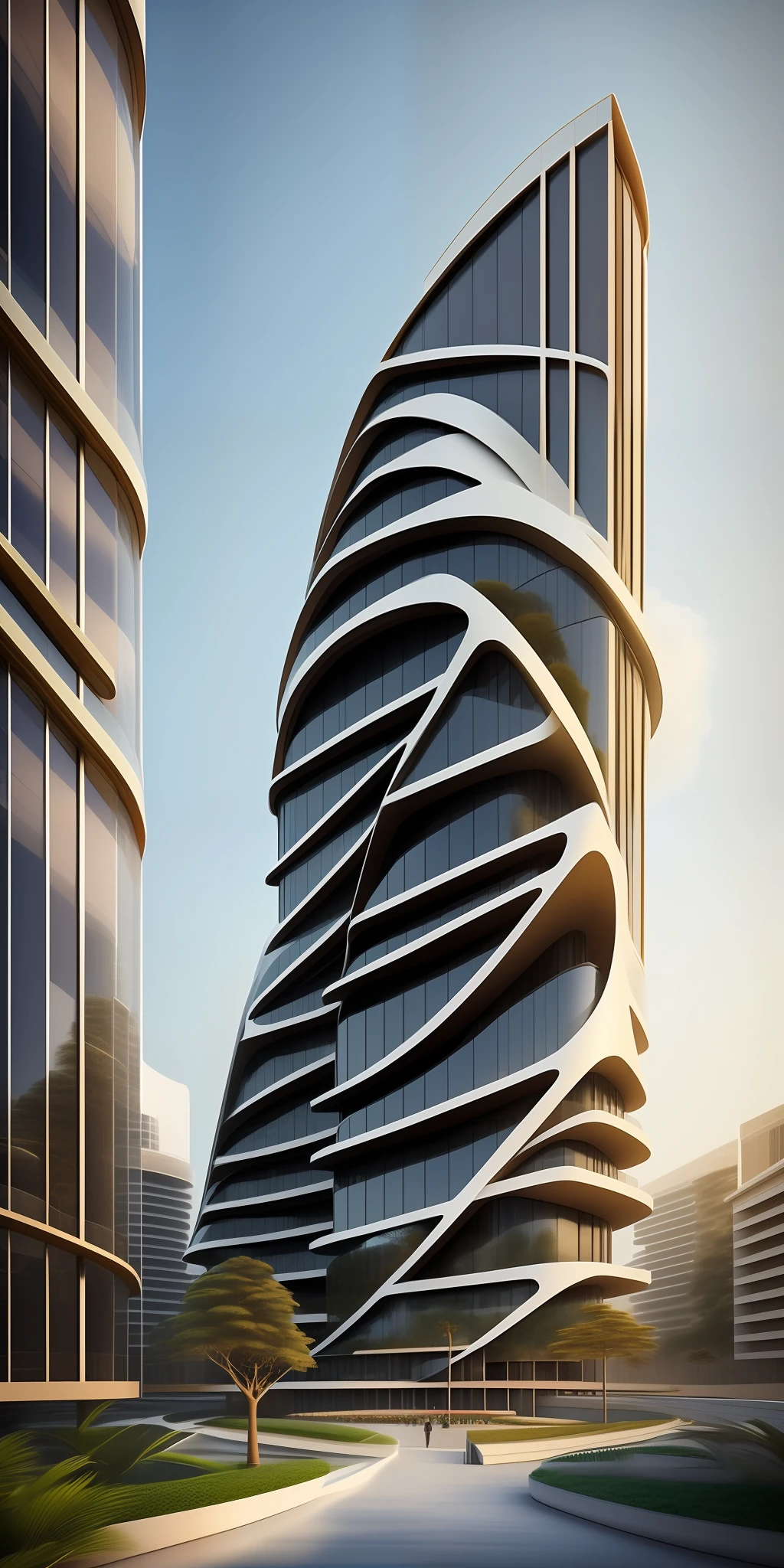 A tall building in a futuristic city designed by Zaha Hadid, a futuristic building, a modern building, sidewalks around the building, imagination, a fusion between the future and the past, hanging gardens, the hanging gardens of Babylon, sustainability, future technology, Very tall building,  architectural creativity, new culture, self-sufficiency, the golden ratio, a beautiful building in the middle of the image, a blurry background, one building, spread, natural colors, calm colors, masterpiece, art, better resolution