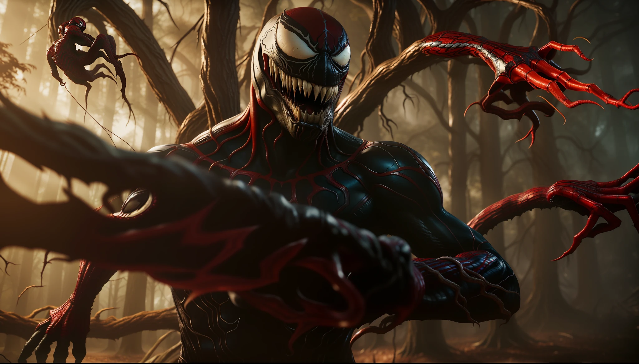 there is a creepy looking creature standing in a tree, carnage, venom, carnage fangs, venom symbiote, symbiote, venomized, venom dunking on spiderman, still from marvel movie, chaos nightmare ❄️ amour venom, marvel movie still, 8 k movie still, venom fangs, # film, still from a live action movie, venom costume