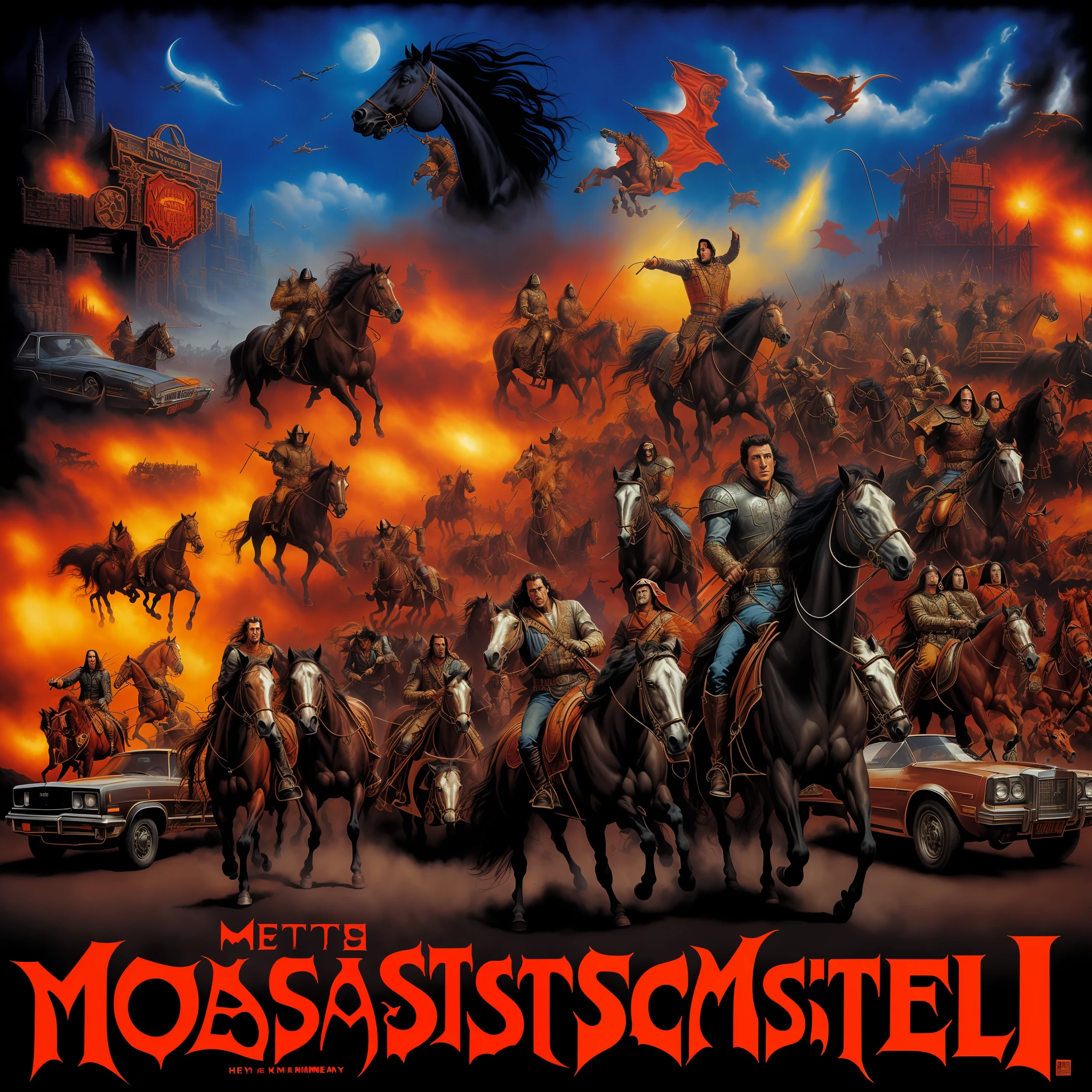 arafed image of a movie poster with a bunch of horses, inspired by Mort Künstler, horsemen of the apocalypse, 1 9 8 0's heavy metal album art, official artwork, by Mort Künstler, official poster artwork, promotional artwork, marc _ simonetti, album artwork, four horsemen of the apocalypse