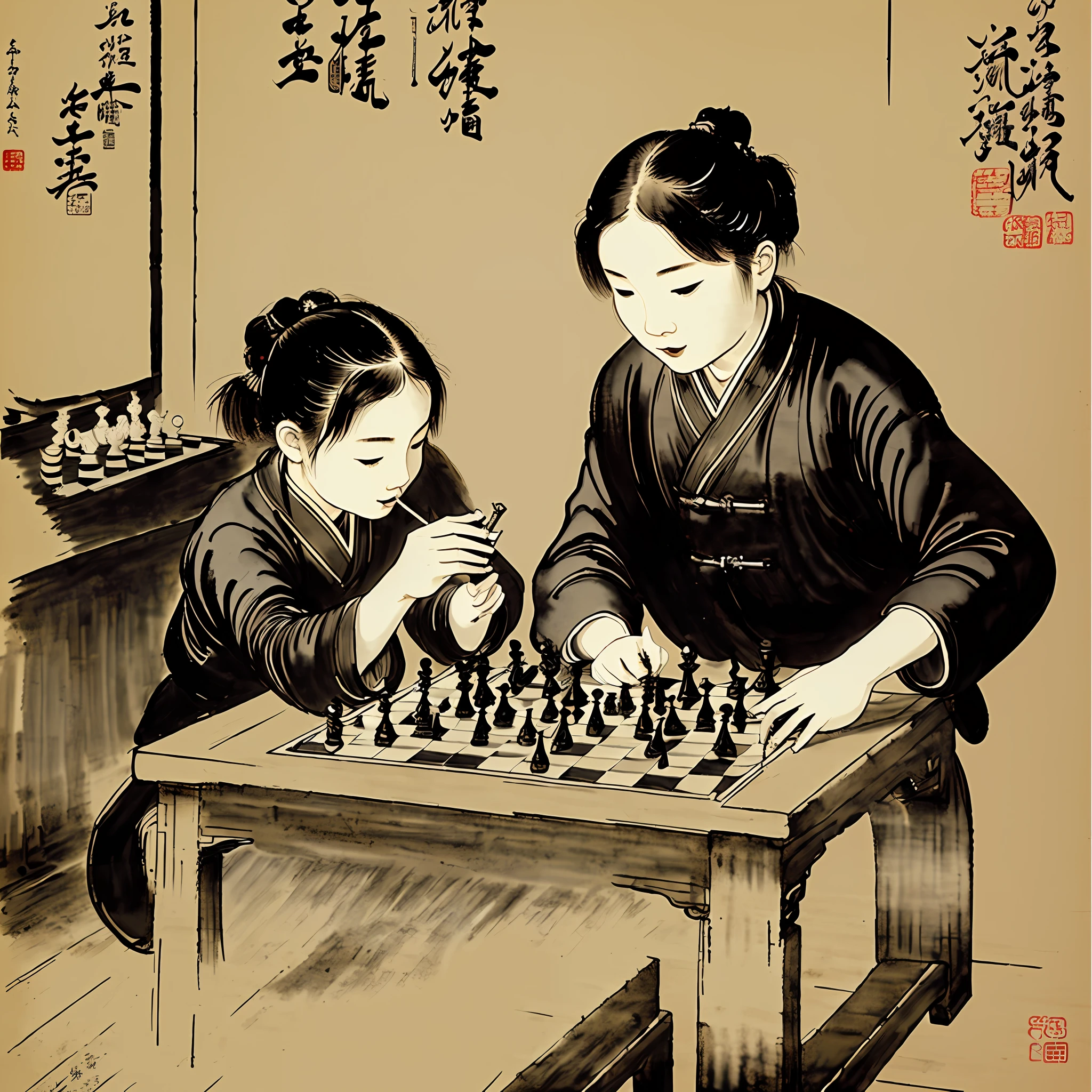 (Masterpiece, best quality: 1.2), traditional Chinese ink painting, two children playing chess --auto --s2