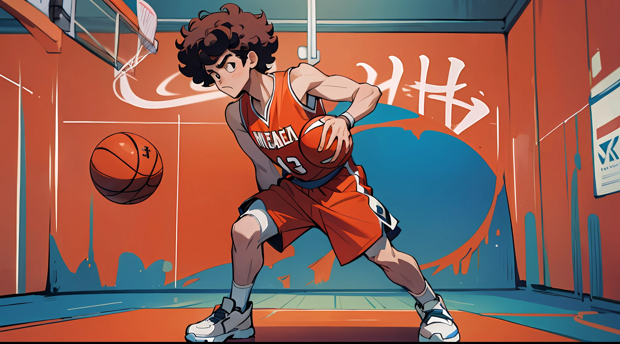 (Best Quality, Masterpiece), 1man, basketball player, red basketball vest, dribbling, basketball, inch, curly hair, junior, full body