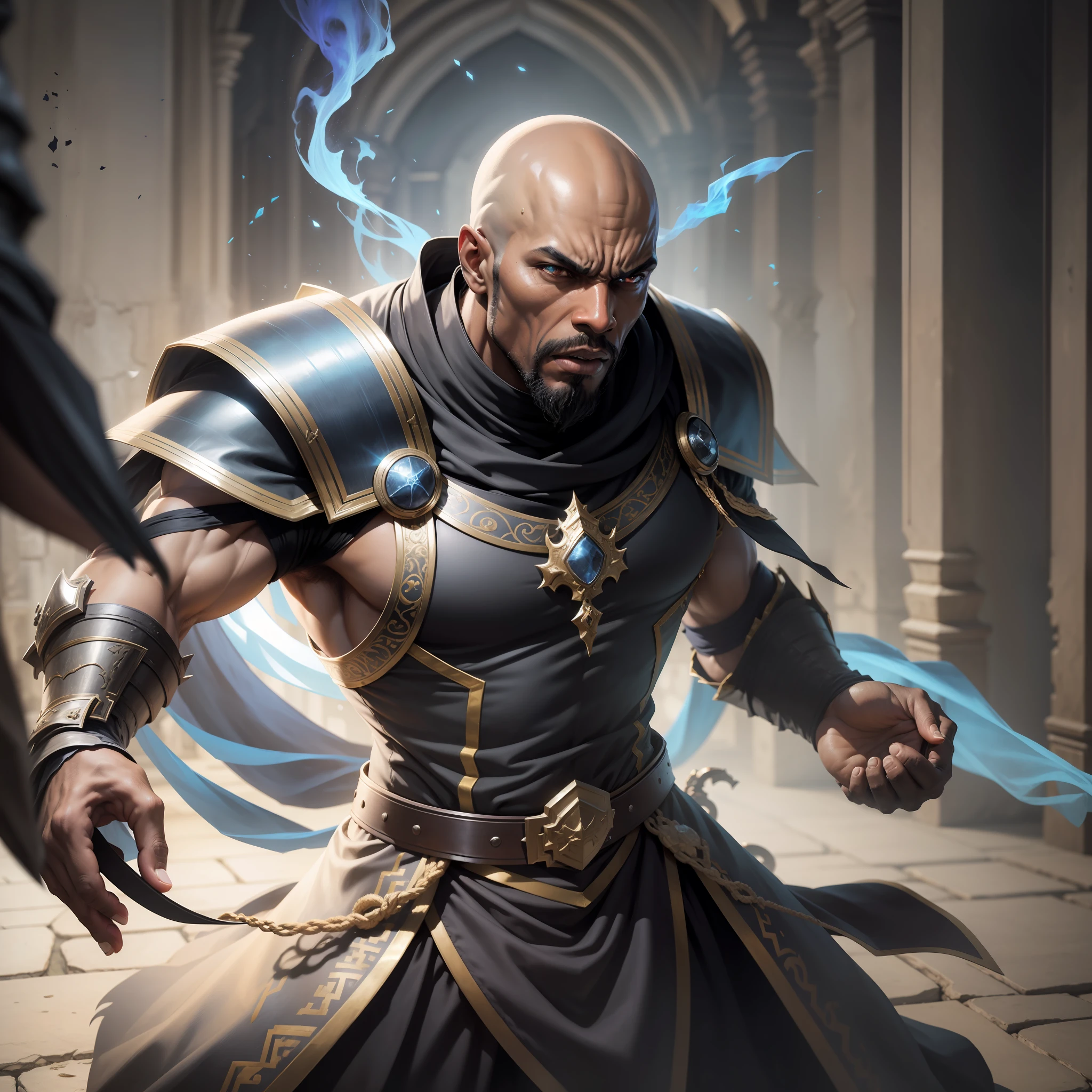 Realistic image of a black man and rustic, bald, strong, black eyes, dressed in black cleric's clothes, shoulder pads, angry expression, a blue aura around his body, defensive combat posture, scenery of a palace hall