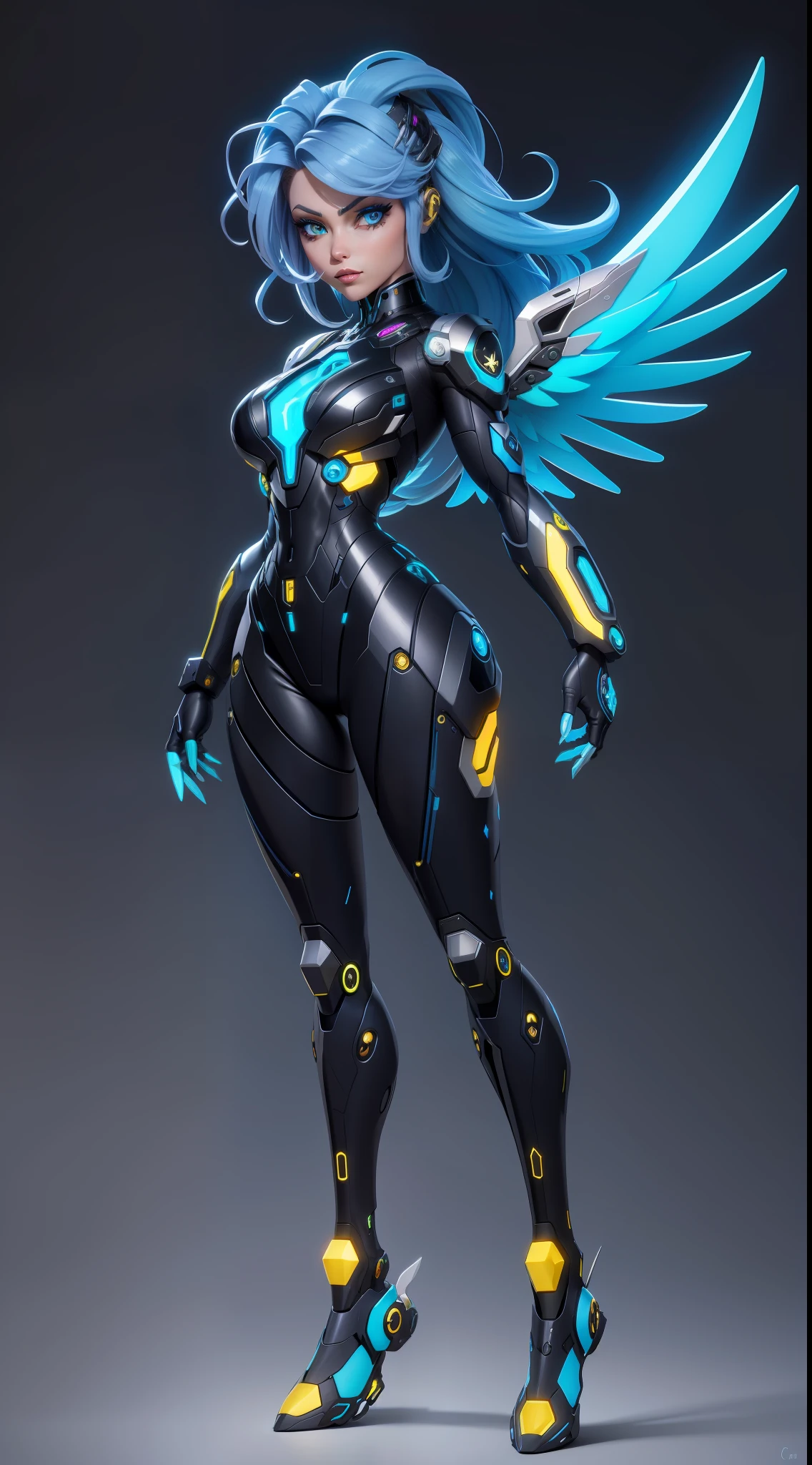 detail hair, different hair color color, cyborg rebotic angel, menacing pose, metallic, neon blue wings, female , thin, full body, fullbody, reference, adopted character, character, anime style, concept art, character sheet adopt, Breathtaking, Detailed shade