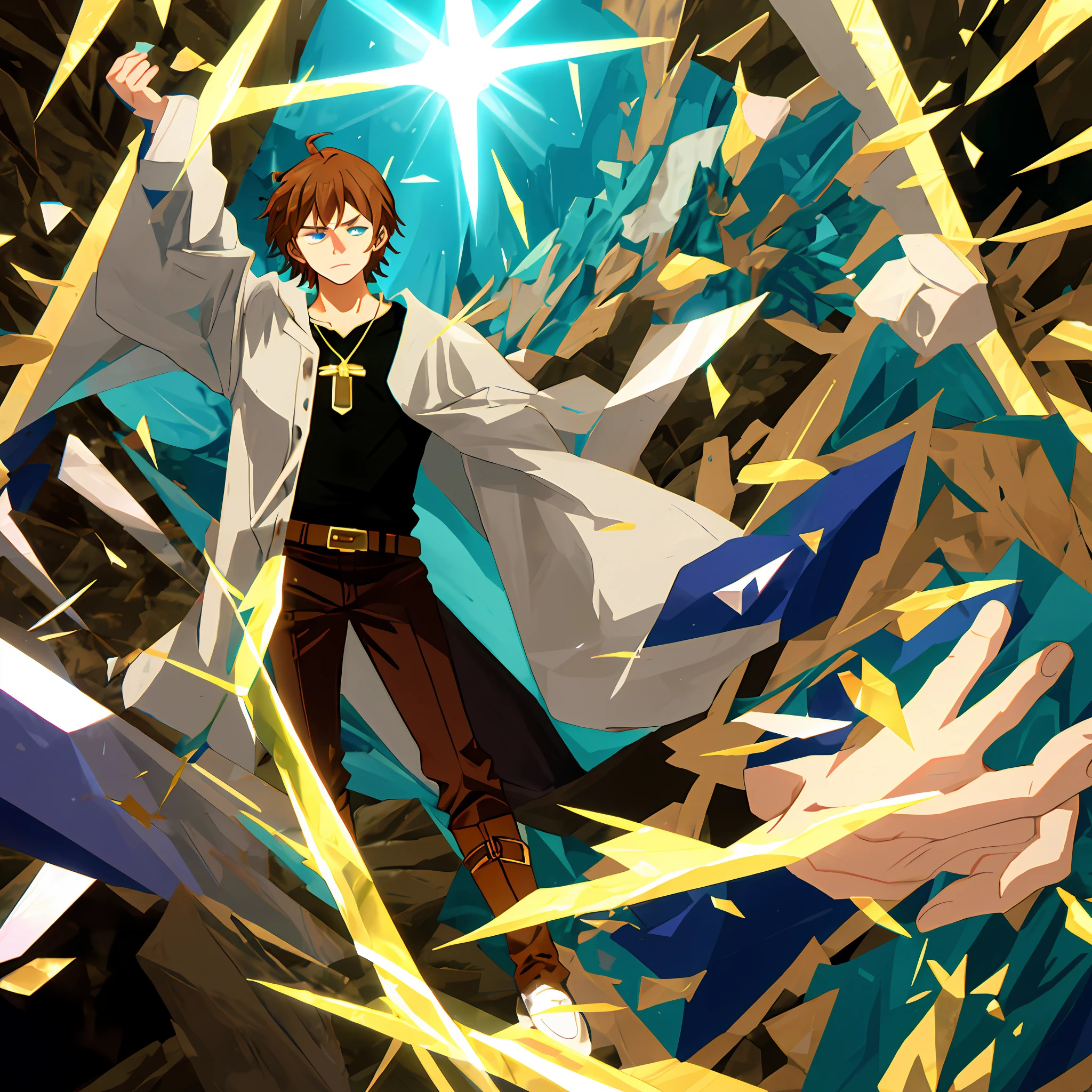 Arthur is a young man of medium height, with ruffled brown hair that falls in locks over his forehead. His eyes are an intense blue, expressing both determination and curiosity. Her skin is clear, contrasting with some subtle freckles that punctuate her cheeks. He possesses an athletic appearance, a result of his training and journeys.

Typically, Arthur wears a sturdy fabric tunic in earthy tones, paired with tight pants and chunky boots that support the demands of his adventures. A belt adorned with small mystical symbols wraps around his waist, containing some of the magical tools he uses in his practices. On his chest, he wears a bright blue crystal pendant, which carries with it a special meaning and protection.

Arthur's expression is a combination of determination and compassion. His face lights up when he's engaged in discussions about magic, history, or ancient mysteries. He possesses a confident demeanor, but also a humility that is reflected in his serene gaze.