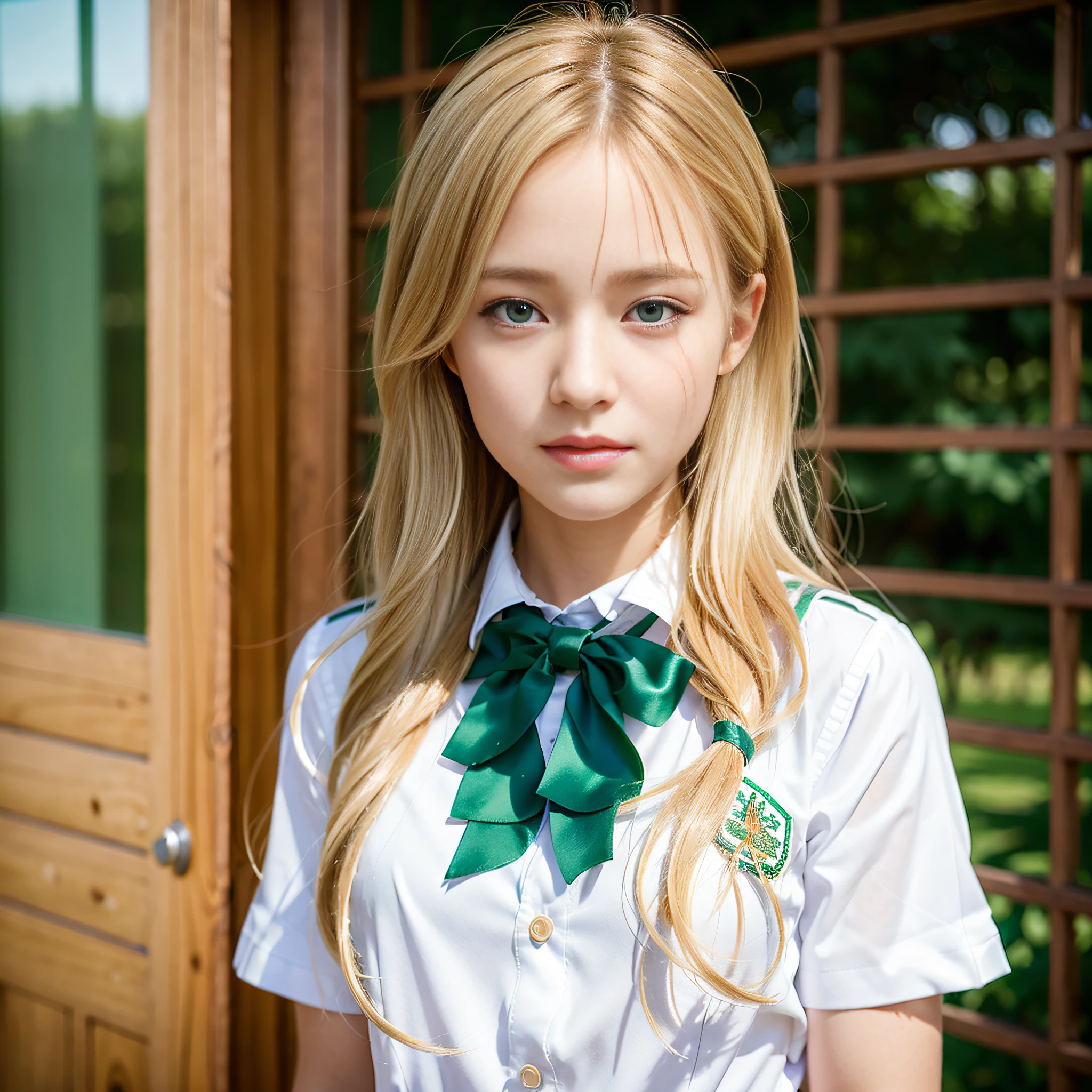 best quality, masterpiece, (photorealistic:1.4), 1girl, (school uniform:1.4),green eyes, dress, looking_at_viewer, neck_ribbon, cute, clear facial skin,blonde hair