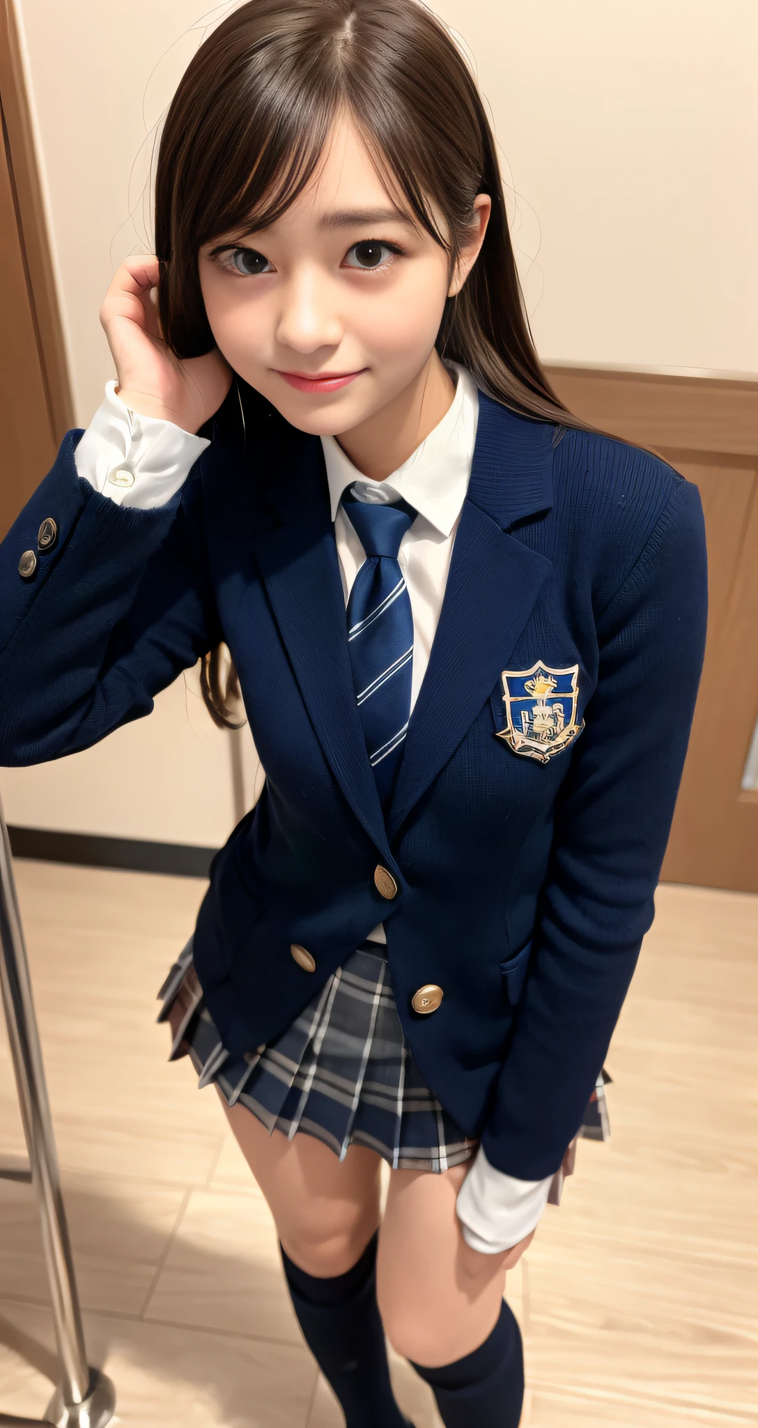 Young woman in school uniform poses for photo, girl in school uniform, girl in Japan school uniform, wearing Japan school uniform, Seifuku, Japan girl wearing school uniform, JK school uniform, surreal schoolgirl, wearing school uniform, wearing school uniform, shot with Canon 5D Mk4, shot with Canon EOS 5D Mark IV, schoolgirl wearing principal uniform, 1 woman close-up, 35mm masterpiece, vivid details, super detail, realistic skin texture, live action, super high quality, navy blue blazer school uniform, navy blue pleated mini skirt, dark blue socks, navy blue high socks, gray high socks, brown loafers, knee little boy in high socks, smile, beautiful face, beautiful Japan woman, 17 years old, idol class cuteness, beautiful girl, full body shot, standing figure, Beautiful thighs, beautiful legs, beautiful high school girl, fiercely cute, knee little boy out, inner thigh, daytime, knee little boy out, healthy inner thigh, bare legs between knee little boy and skirt, socks from below the knee, natural light, super cute high school girl