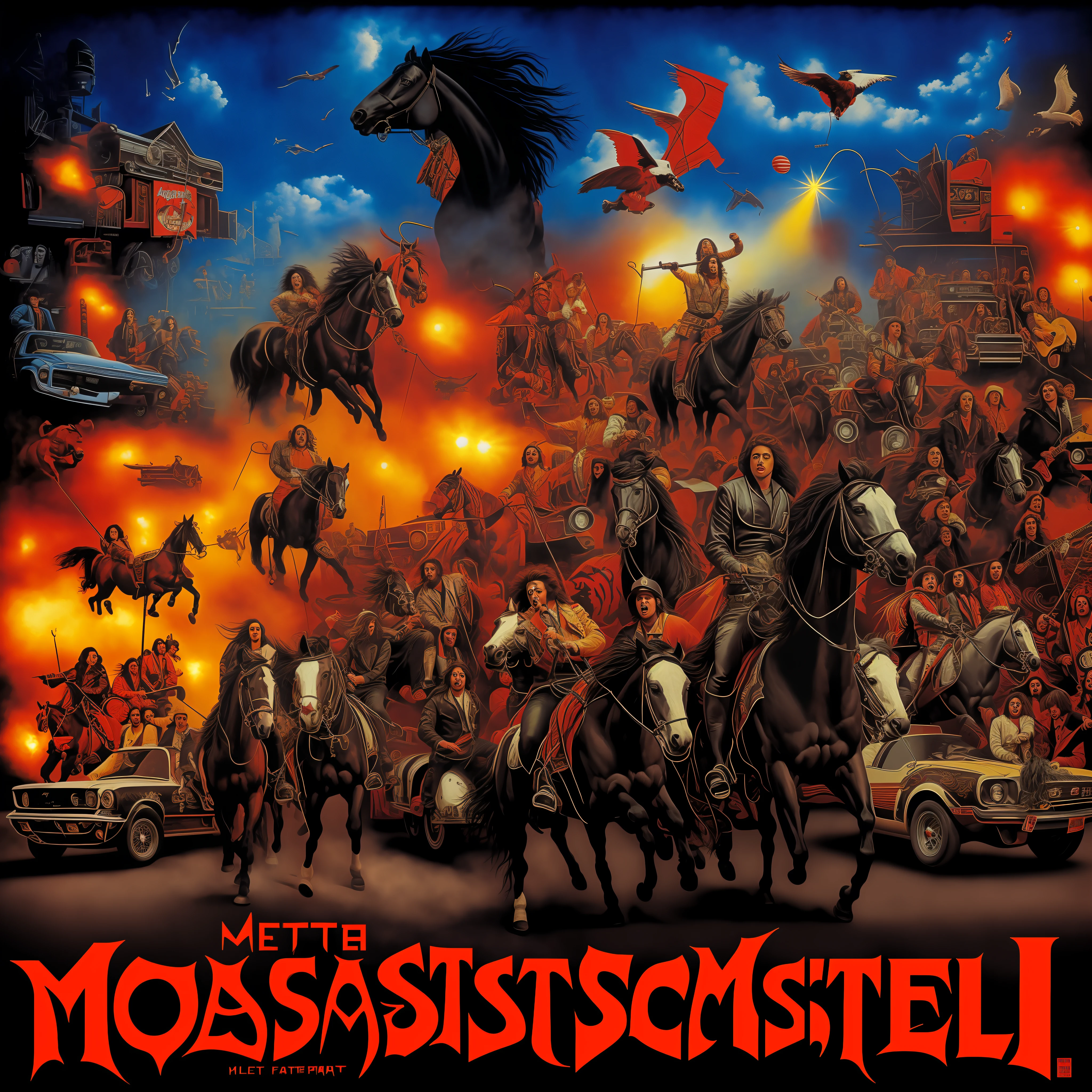 (Masterpiece), 80's style realism poster, horror movie, circus stage of horrors, stage lights, speakers, acoustic drums, metalheads mounted on Mustang horses with guitars, metalheads playing, Mustang car, terror, suspense, fear, perfect painting.