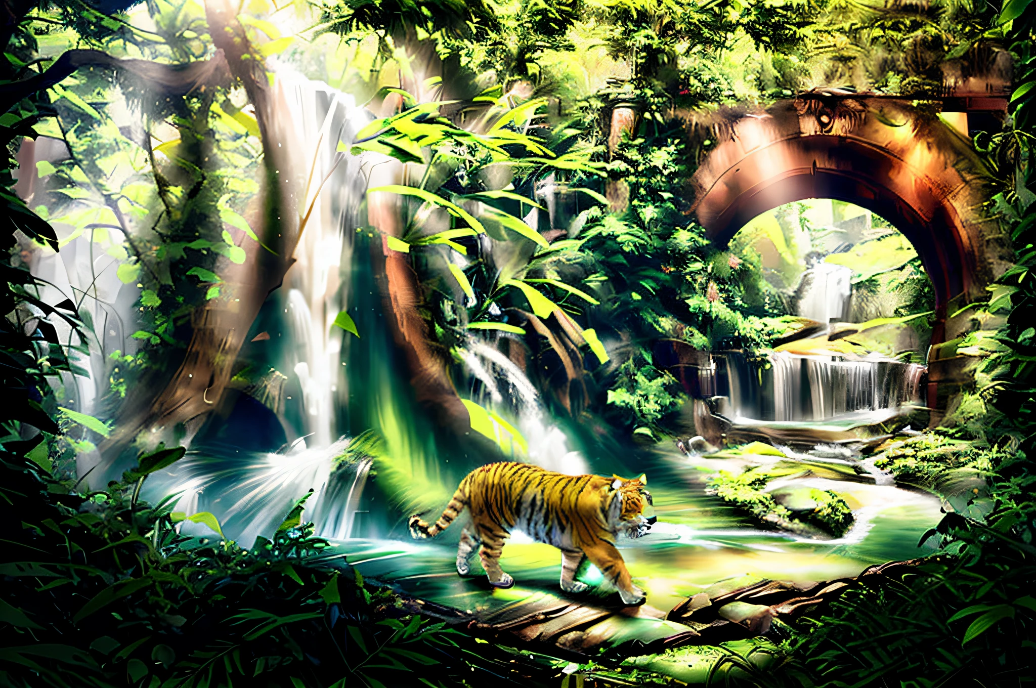 Ultra realistic image tiger walking in the jungle near a waterfall, jungle nature, beautiful jungle, primitive jungle, in the jungle of the forest, tunnel in a stone wall full of bushes and a waterfall in the background . 32k image of jungle !!!