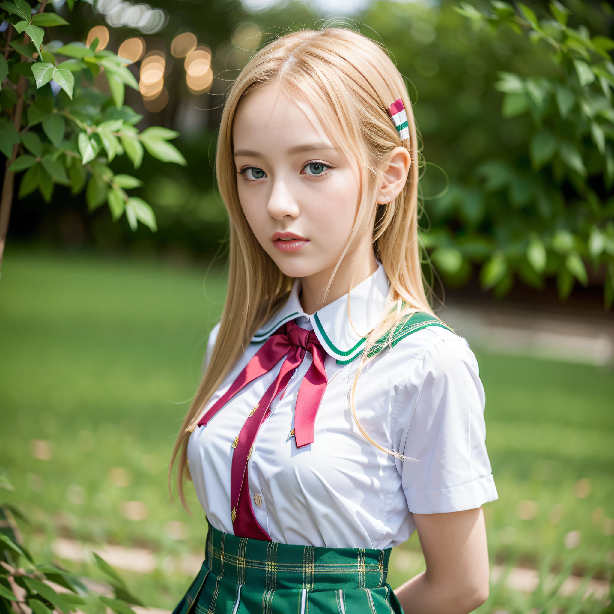 best quality, masterpiece, (photorealistic:1.4), 1girl, (school uniform:1.4),green eyes, dress, looking_at_viewer, neck_ribbon, cute, clear facial skin,blonde hair