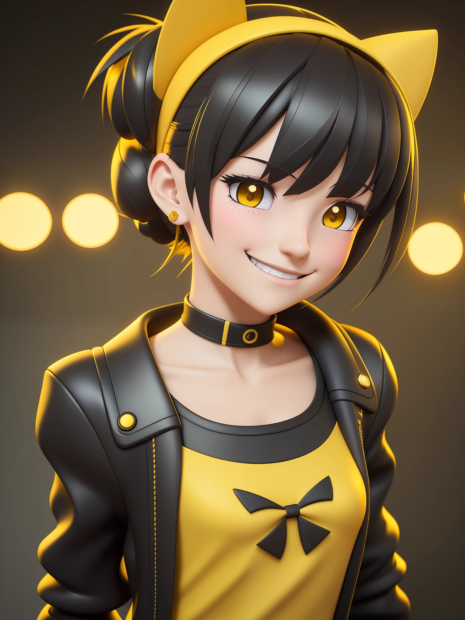 Young girl, a cartoon character dark yellow outfit, expression with ((melancholic smile)), (hair up to shoulder), stylized character, animation character, stylized 3d render, 3d character, highly detailed character, stylized anime, stylized 3d, render character, character model, close up, maximum quality