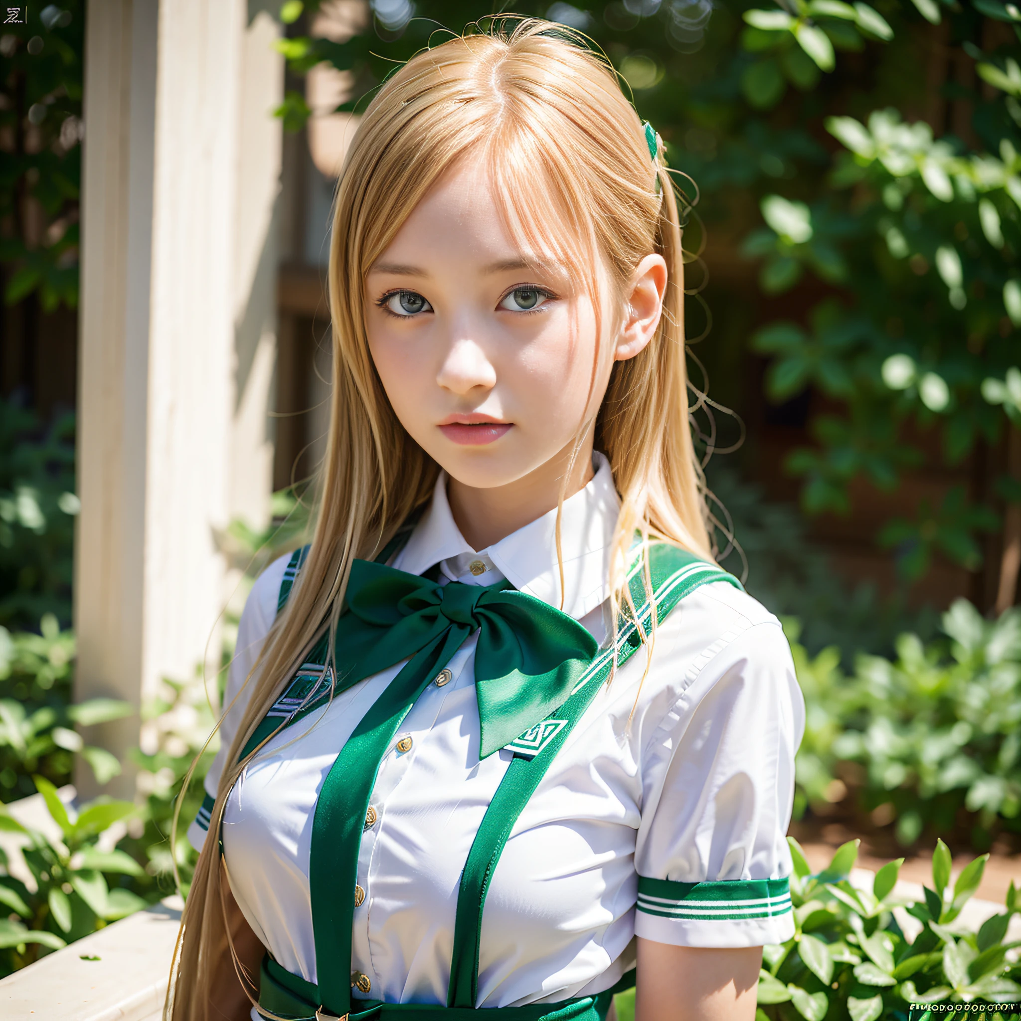 best quality, masterpiece, (photorealistic:1.4), 1girl, (school uniform:1.4),green eyes, dress, looking_at_viewer, neck_ribbon, cute, clear facial skin,blonde hair
