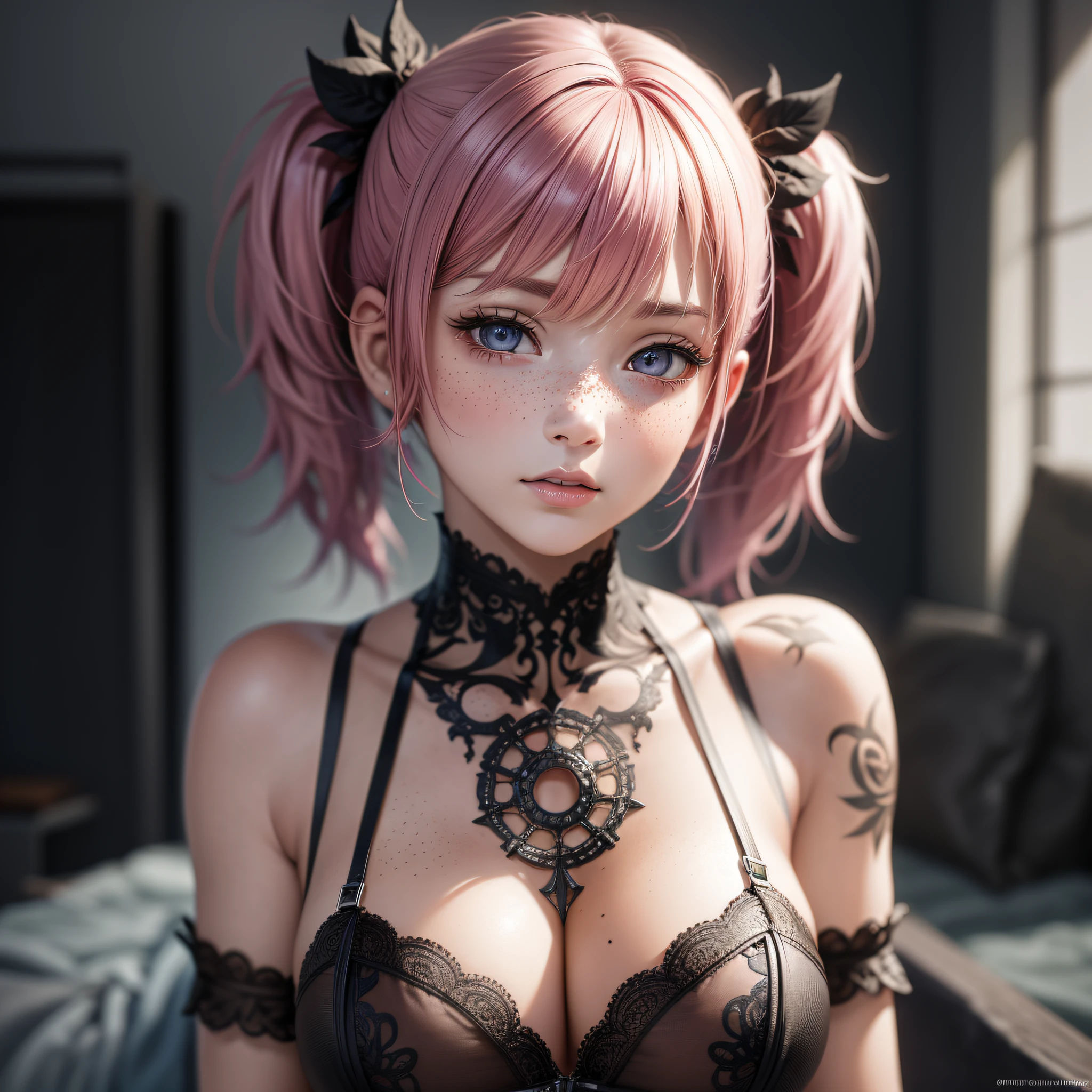 Ultra HD, high resolution, realistic, best quality, masterpiece, (realistic: 1.2), upper body, 1 girl, pink hair, with a tattoo ((short hair in two pigtails)), brown eyes, detailed face, beautiful eyes, detailed eyes, playful, freckles, young, black bikini bottom, lingerie, medium bust, intricately detailed, elaborate, meticulous, gorgeous, maximum details, extremely hyperaesthetic, looking at viewer, gray background