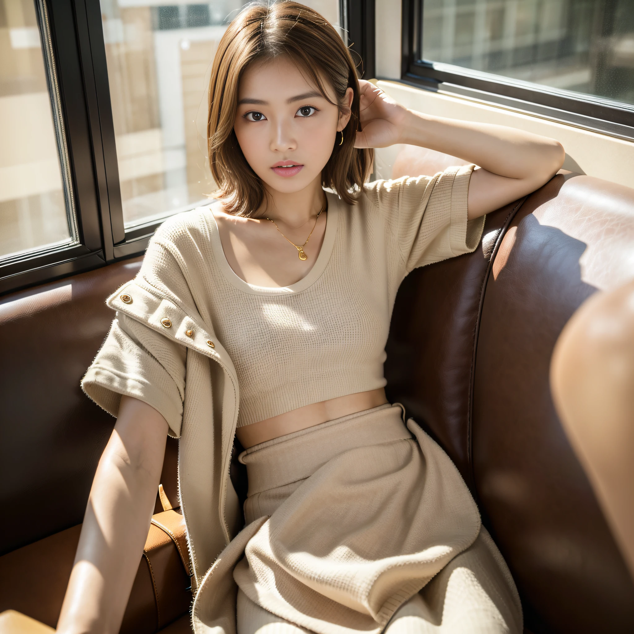 (Best quality, 8k, 32k, Masterpiece, UHD:1.2),Photo of Pretty Japanese woman, 1girl, Plain White T-shirt with beige maxi skirt, (medium short [dark brown} hair), double eyelid, sitting with legs crossed on sofa, sipping coffee in Starbucks, calm street behind window, small gold watch on left wrist, (small black handbag)