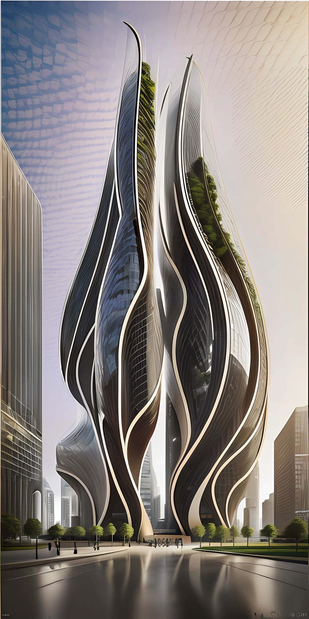 A tall building in a futuristic city designed by Zaha Hadid, a futuristic building, a modern building, sidewalks around the building, imagination, a fusion between the future and the past, hanging gardens, the hanging gardens of Babylon, sustainability, future technology, Very tall building,  architectural creativity, new culture, self-sufficiency, the golden ratio, a beautiful building in the middle of the image, a blurry background, one building, spread, natural colors, calm colors, masterpiece, art, better resolution