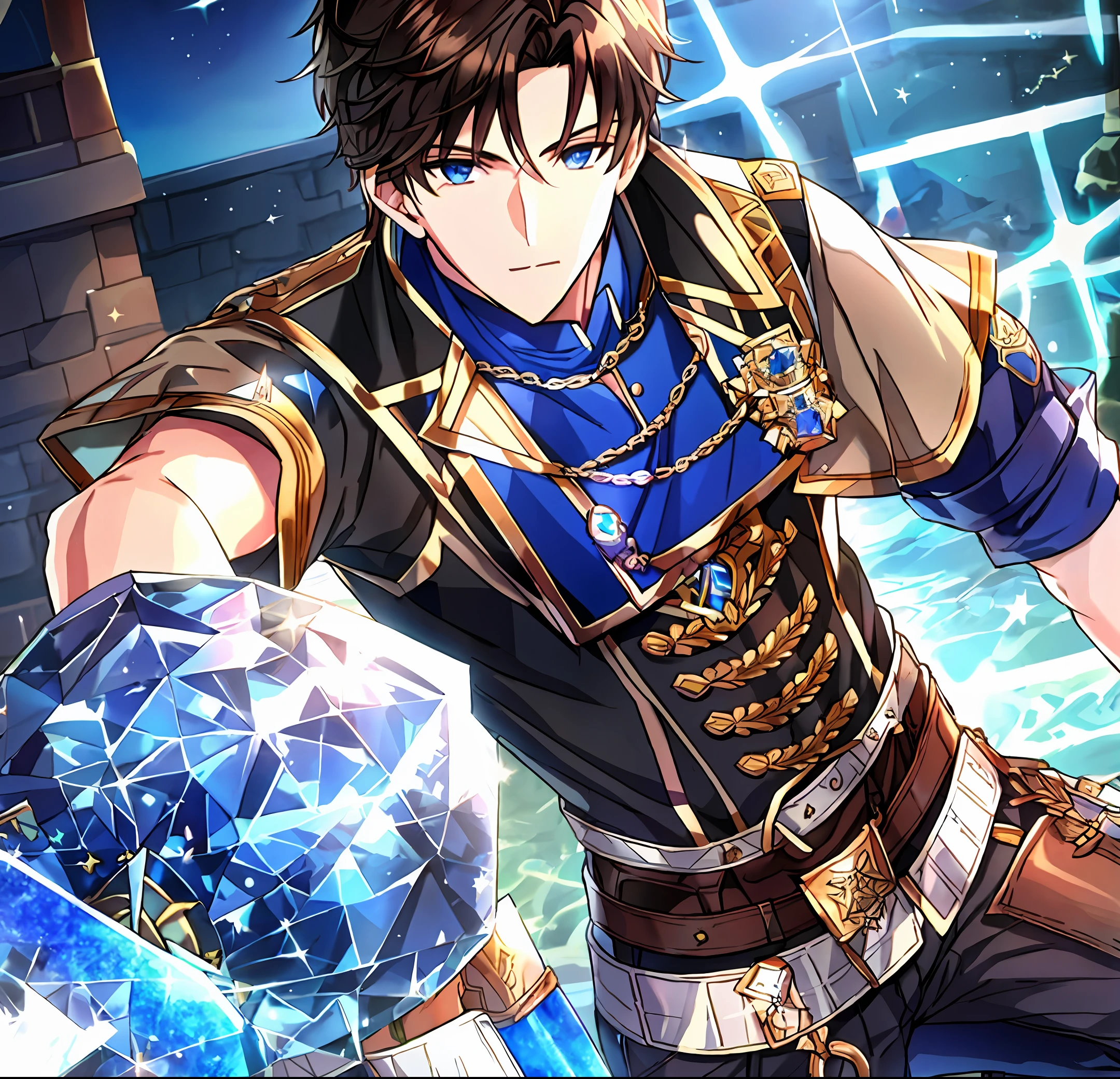 Arthur is a young man of medium height, with ruffled brown hair that falls in locks over his forehead. His eyes are an intense blue, expressing both determination and curiosity. Her skin is clear, contrasting with some subtle freckles that punctuate her cheeks. He possesses an athletic appearance, a result of his training and journeys.

Typically, Arthur wears a sturdy fabric tunic in earthy tones, paired with tight pants and chunky boots that support the demands of his adventures. A belt adorned with small mystical symbols wraps around his waist, containing some of the magical tools he uses in his practices. On his chest, he wears a bright blue crystal pendant, which carries with it a special meaning and protection.

Arthur's expression is a combination of determination and compassion. His face lights up when he's engaged in discussions about magic, history, or ancient mysteries. He possesses a confident demeanor, but also a humility that is reflected in his serene gaze.