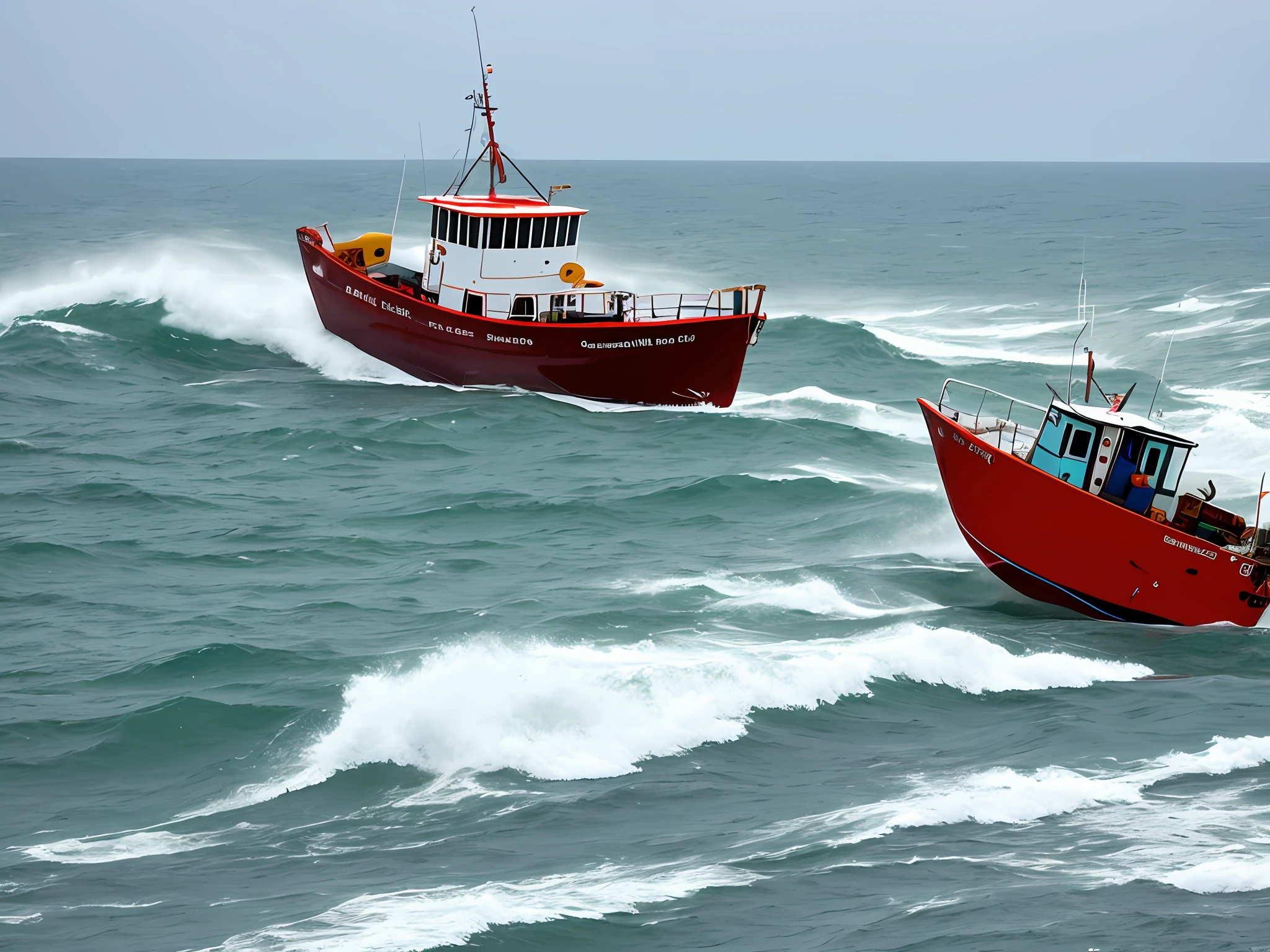 Fishing boat in rough seas, some fishermen busy on deck. Shore to the bottom of the beach.