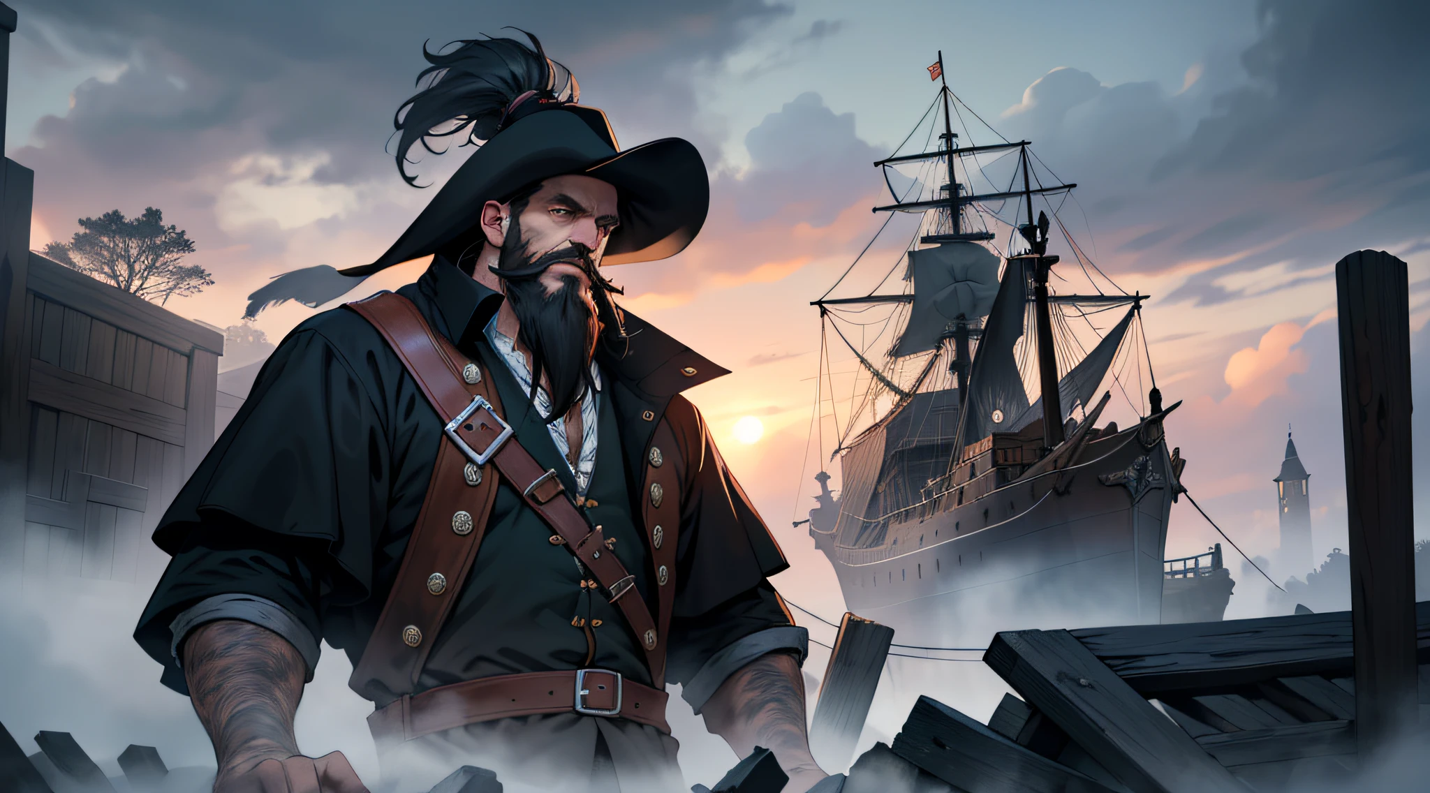 (Ultra detailed), (masterpiece), (best quality), (very detailed), a privateer ((big beard)) in a seventeenth-century port, long black coat, a large tricorn on his head, place with a dim light, abandoned, dawn, conceptual art, soft light, dimly lit, deformed clouds, dark, cinematic, ((horror)), highly detailed,