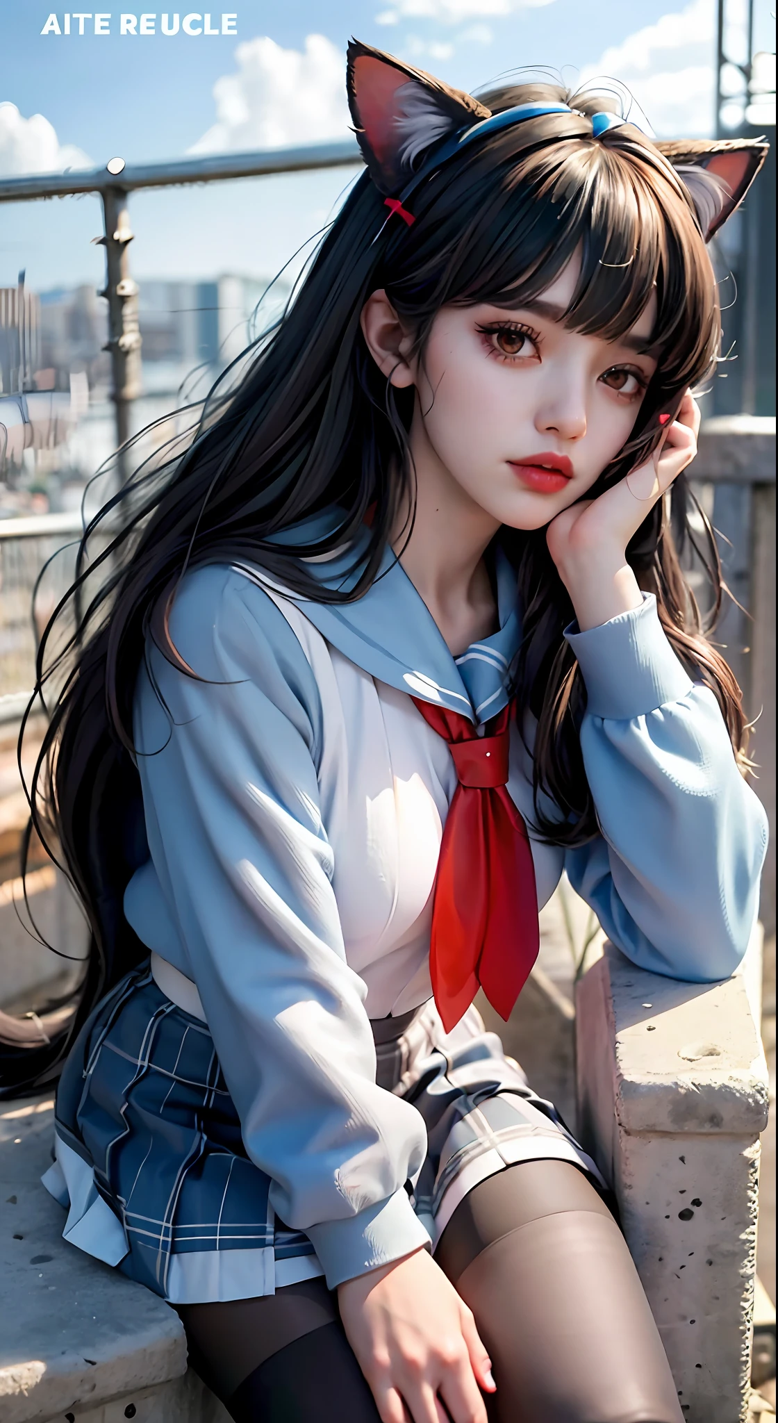 ((masterpiece, best quality)),a girl, solo, skirt, sky, sitting, pantyhose, serafuku, cloud,black gloves, outdoors, neckerchief ,day, bangs, fence, shirt, ahoge, rooftop, long hair, white pantyhose, black hair, school uniform, white sailor collar, red eyes, sailor collar, blue skirt, red neckerchief, blue serafuku, animal ears, blue sky, long sleeves, blue shirt, looking at viewer, closed mouth,cat ears, chain-link fence, pleated skirt, cloudy sky, trash can
(magazine:1.3), (cover-style:1.3), fashionable, woman, vibrant, outfit, posing, front, colorful, dynamic, background, elements, confident, expression, holding, statement, accessory, majestic, coiled, around, touch, scene, text, cover, bold, attention-grabbing, title, stylish, font, catchy, headline, larger, striking, modern, trendy, focus, fashion,