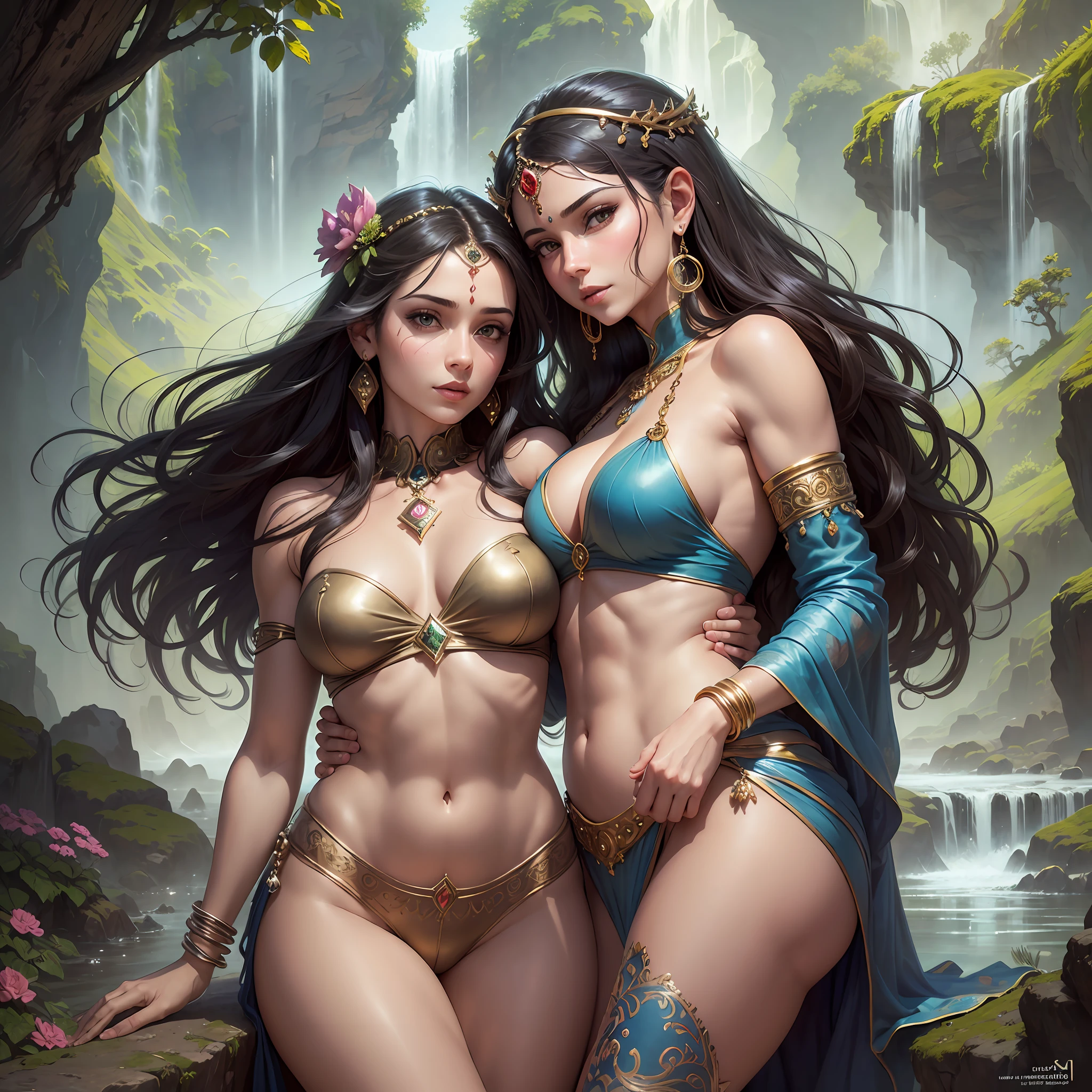 ((realistic:1.5)),((best quality)), ((masterpiece)),((detailed)), (1girl), {a beautiful female wearing, (upper body:1.3),super-wide-angle lens,face focus, mature,sexy,toned muscles,long legs,curvy, barefoot, medium breasts, open cleavage, drooping breasts, thick thighs,wide hips, thin legs, green eyes,long black hair,floting hair,long eyelashes, (detailed face,beautiful eye, detailed pupilss,detailed clothes features, clear background:1.3), (Bindi,Jhumkas:1.3), (Armlet, Haar, Payal,Maang Tikka,Jhumkas,Kamarband,Bangles:1.3), mysterious ancient ruin, lush forests, deep canyons,bridge,river,cliff,cloud, lakes,rock,waterfalls, flowers, grass, fog,vine,tree, smoke, best shadow,bright details,sharp,perfect composistion, Intricate, Sharp focus, dramatic, by Frank Frazetta,by Julie Bell,by Olivia De Berardinis,by Luis Royo,by boris vallejo, (specular lighting:1.3),rim light, princesses, royal skimpy topless, hugging and touching each other, teasing her friend's belly, teasing her friend's buttocks, blushing friend, biting her friend's ear lobe, hugging from behind, touching her friend's breasts from below --auto --s2