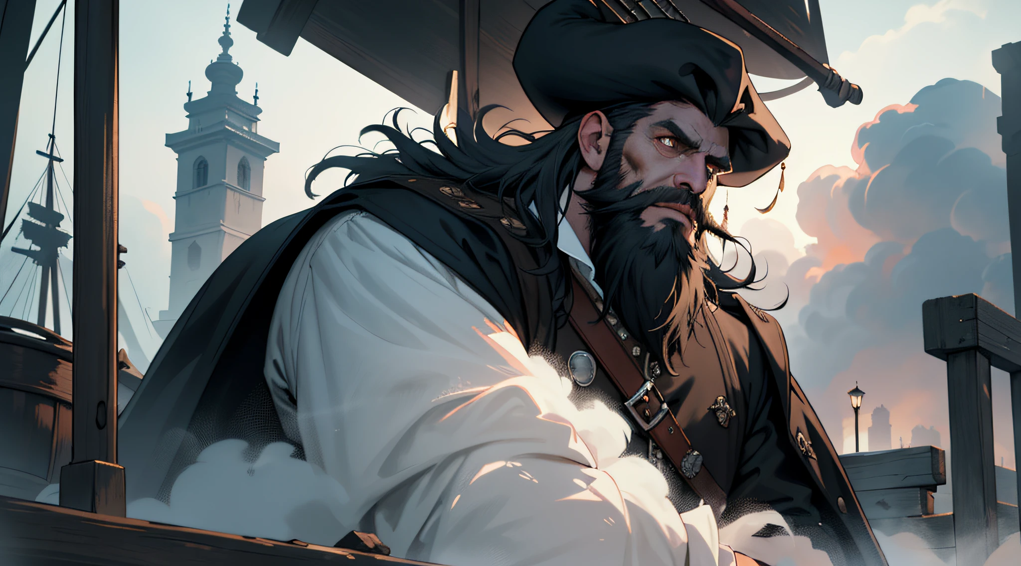 (Ultra detailed), (masterpiece), (best quality), (very detailed), a privateer ((big beard)) in a seventeenth-century port, long black coat, a large tricorn on his head, place with a dim light, abandoned, dawn, conceptual art, soft light, dimly lit, deformed clouds, dark, cinematic, ((horror)), highly detailed,